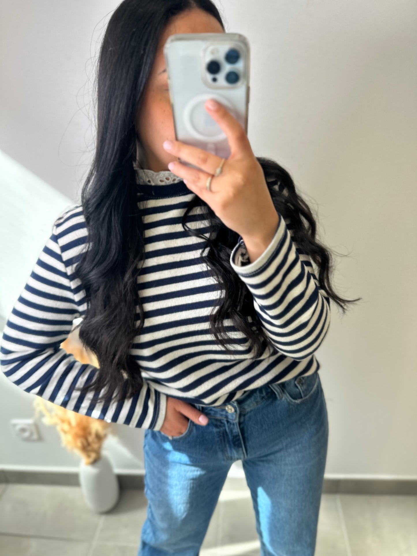 Pull fin marinière brodée au cou - MARINE