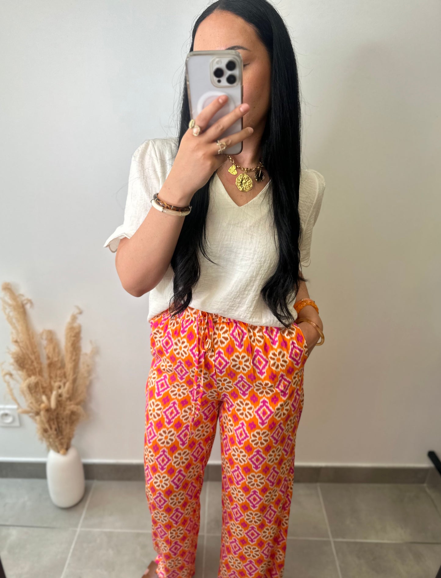 Pantalon élastique en viscose à imprimé orange et rose