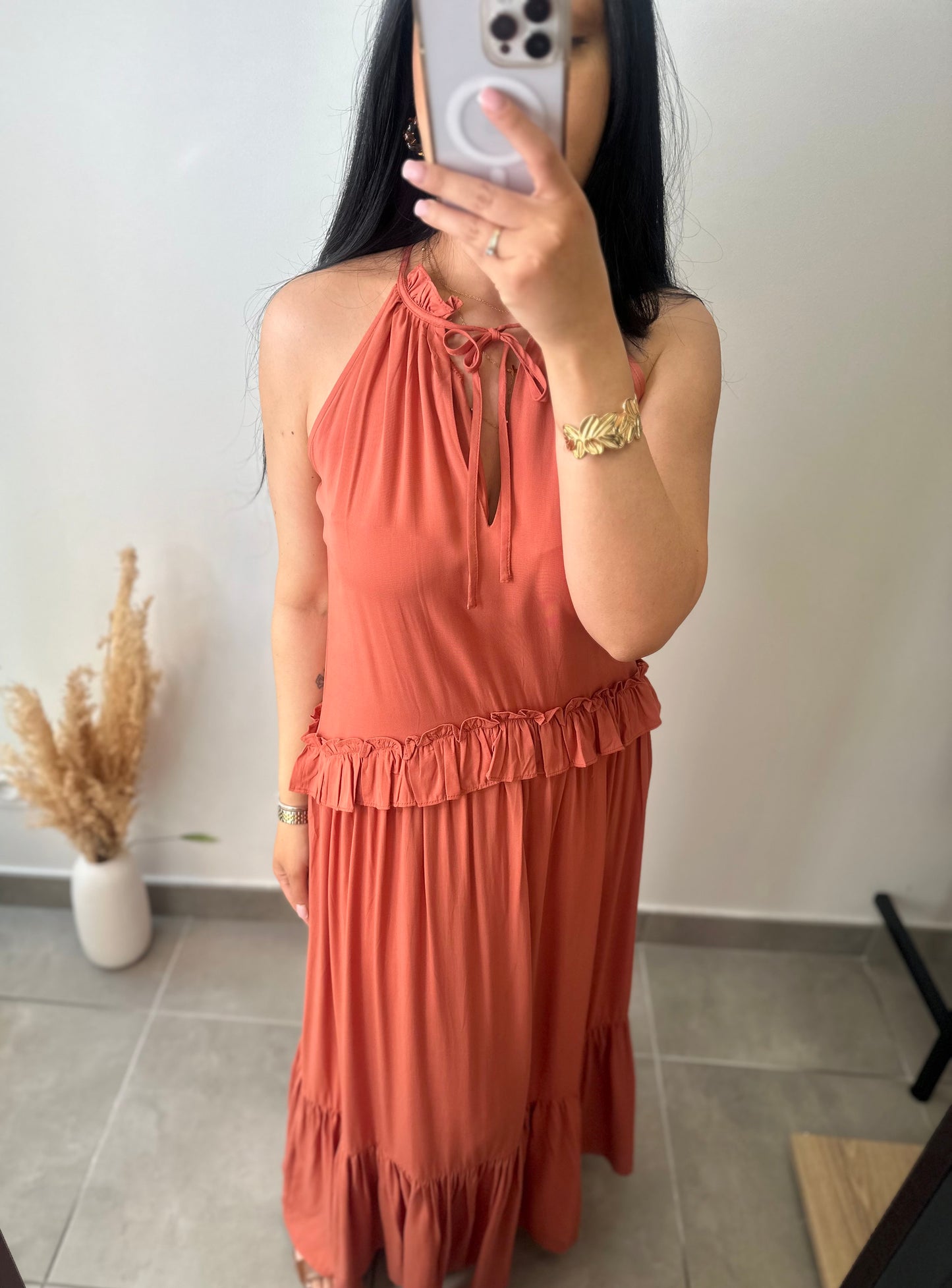 Robe longue à volants terracotta