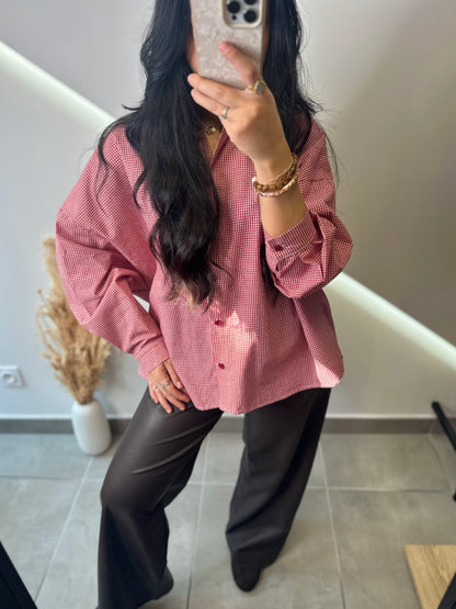 Chemise oversize à petits carreaux vichy rouge boutons bordeaux