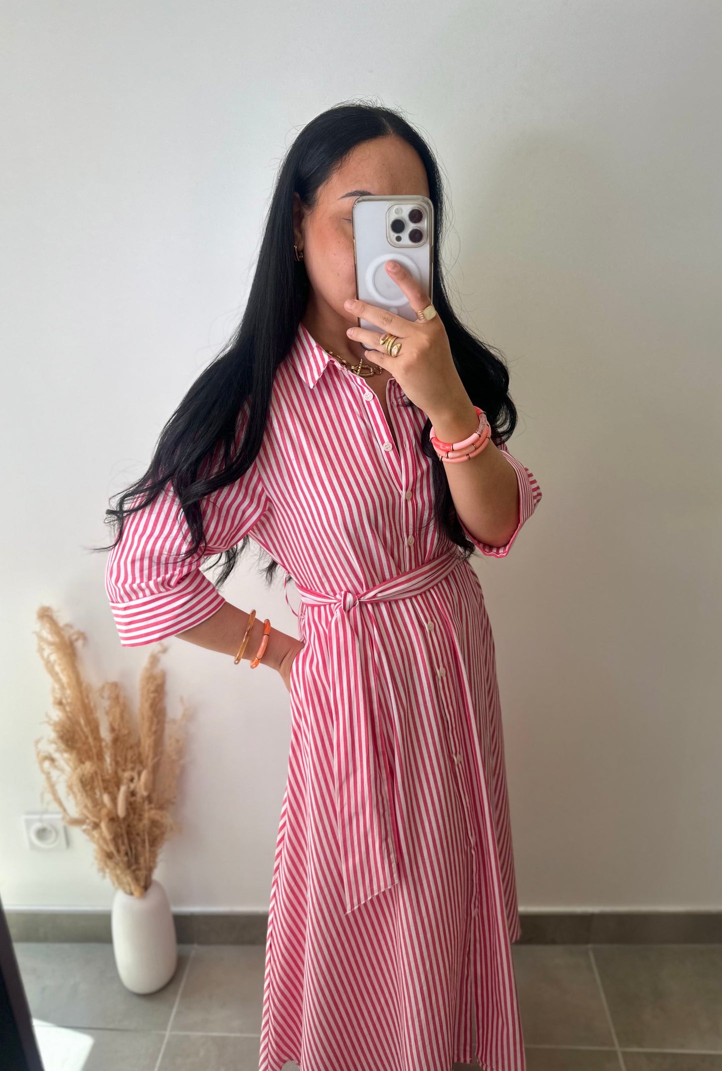 Robe chemise a rayures rose