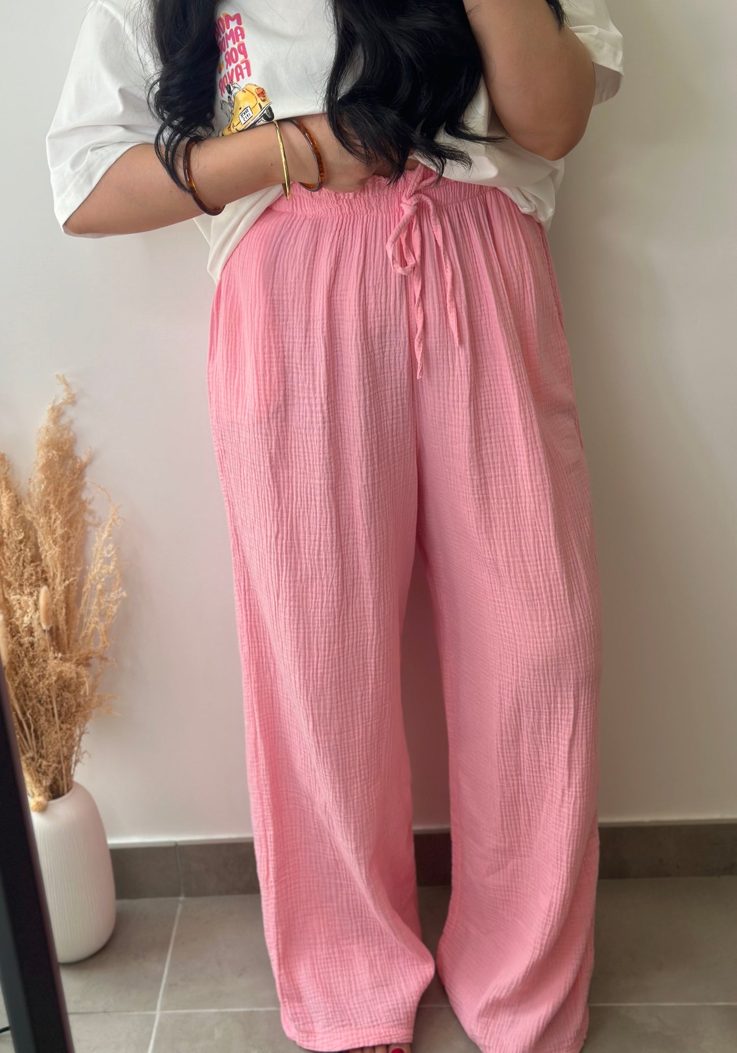 Pantalon en gaz de coton TALL rose