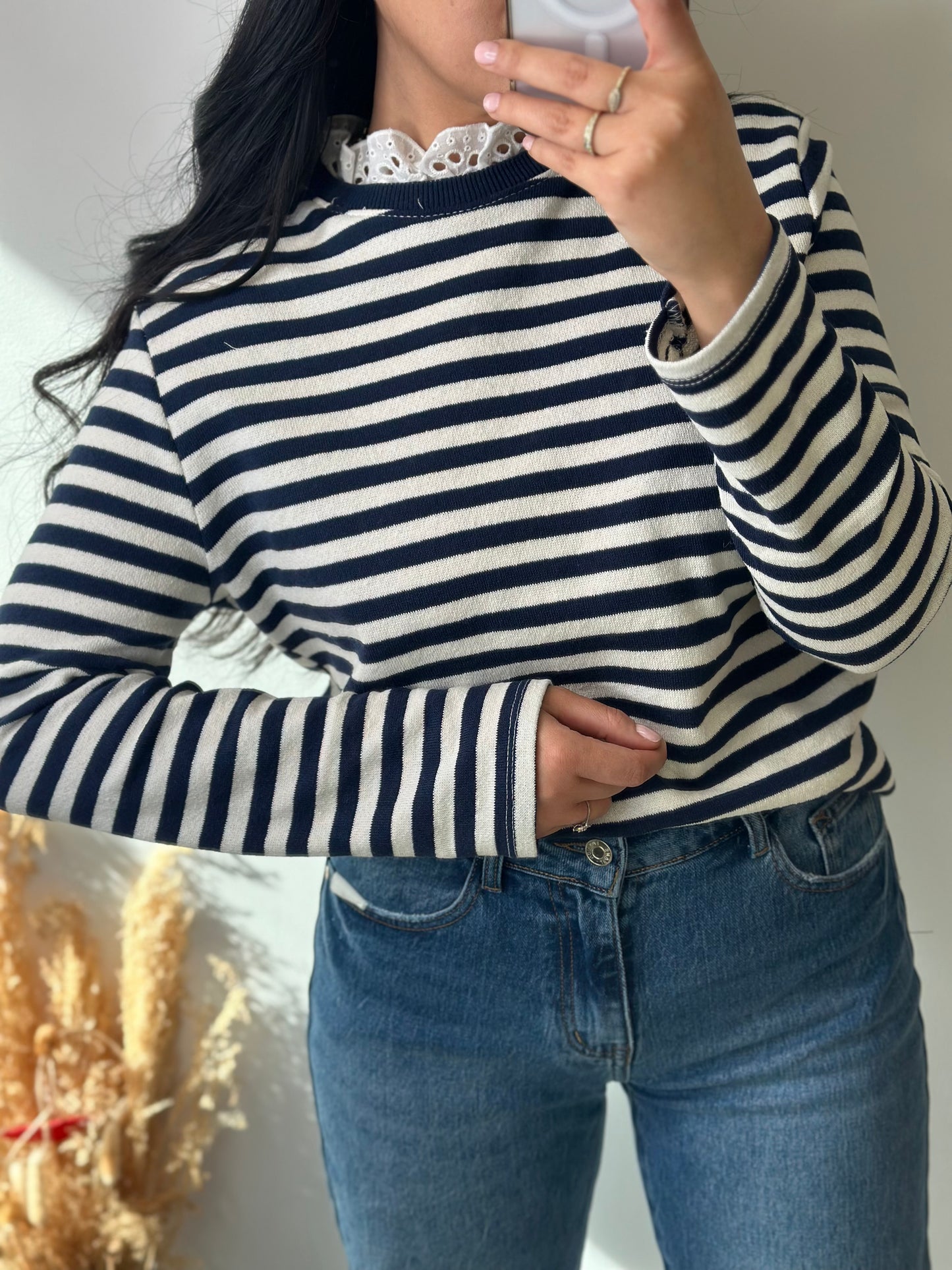 Pull fin marinière brodée au cou - MARINE