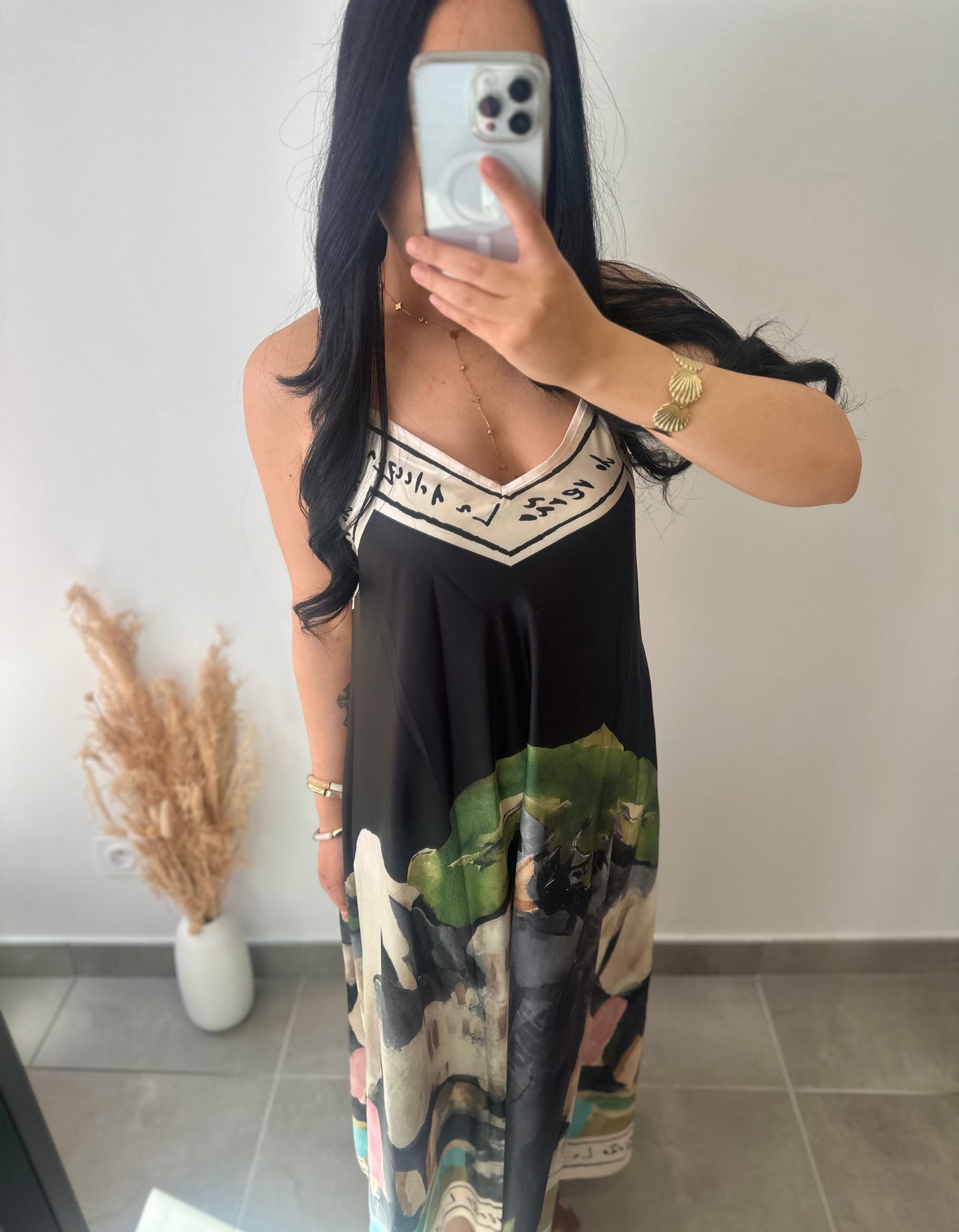 Robe bretelles en viscose motifs aquarelle noire