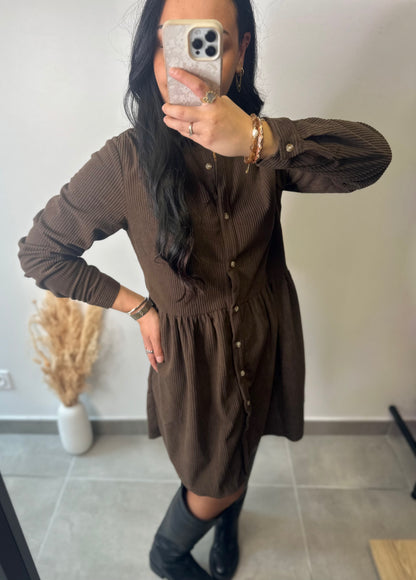 Robe chemise courte en velours côtelé marron