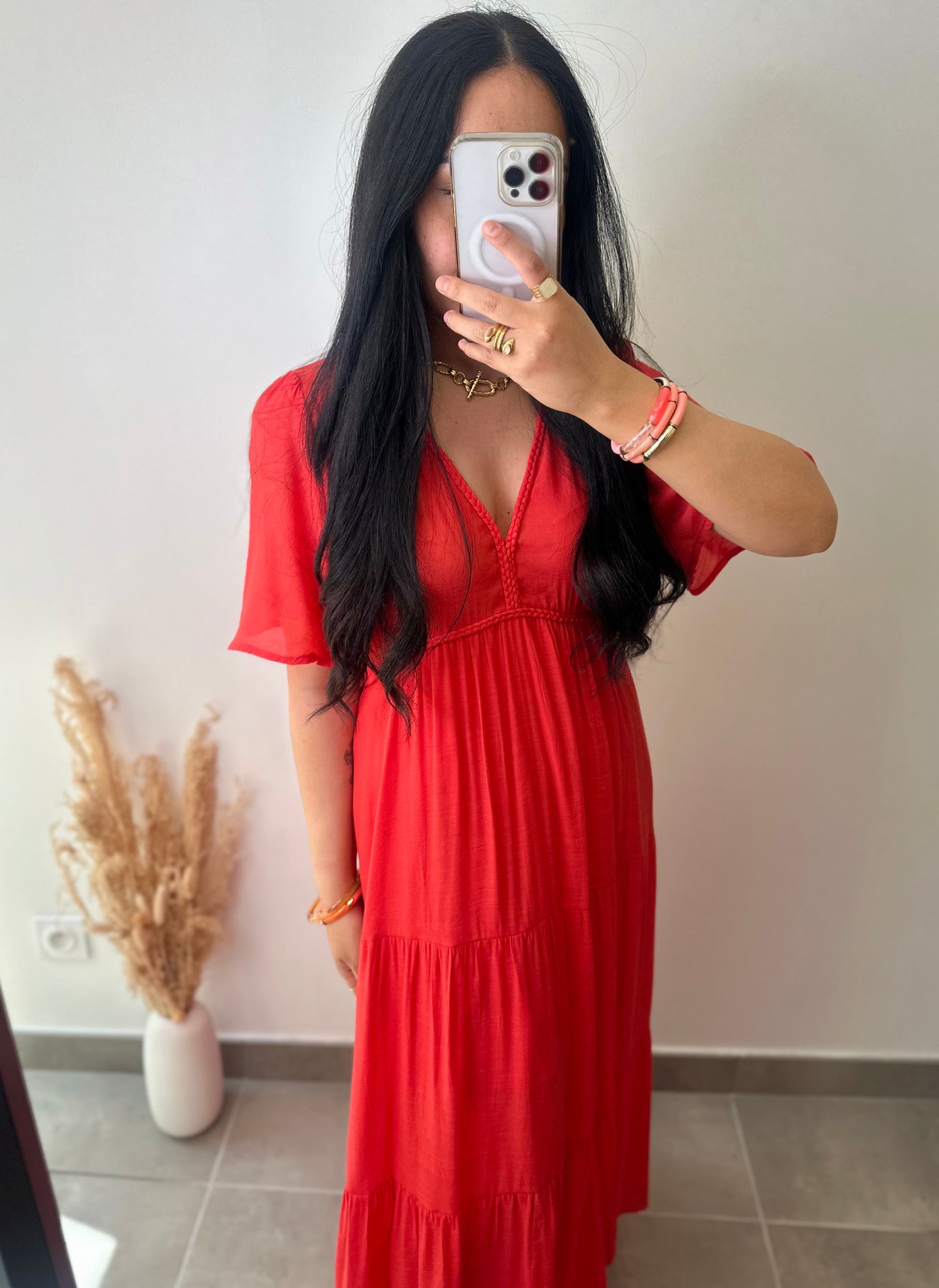Robe fluide corail en viscose tressée