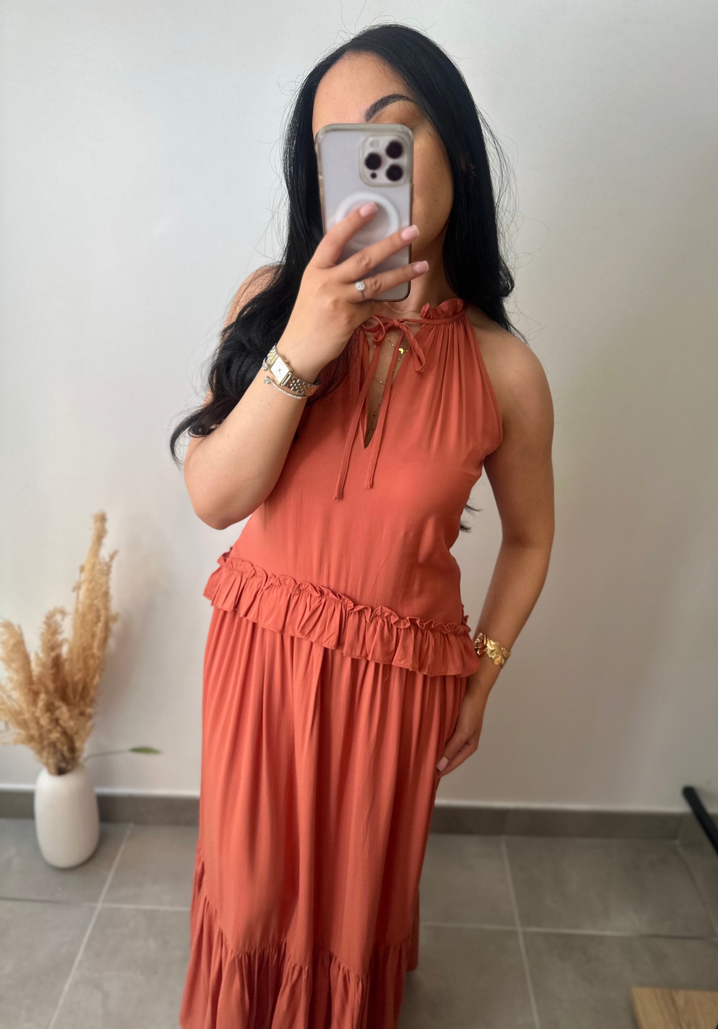 Robe longue à volants terracotta