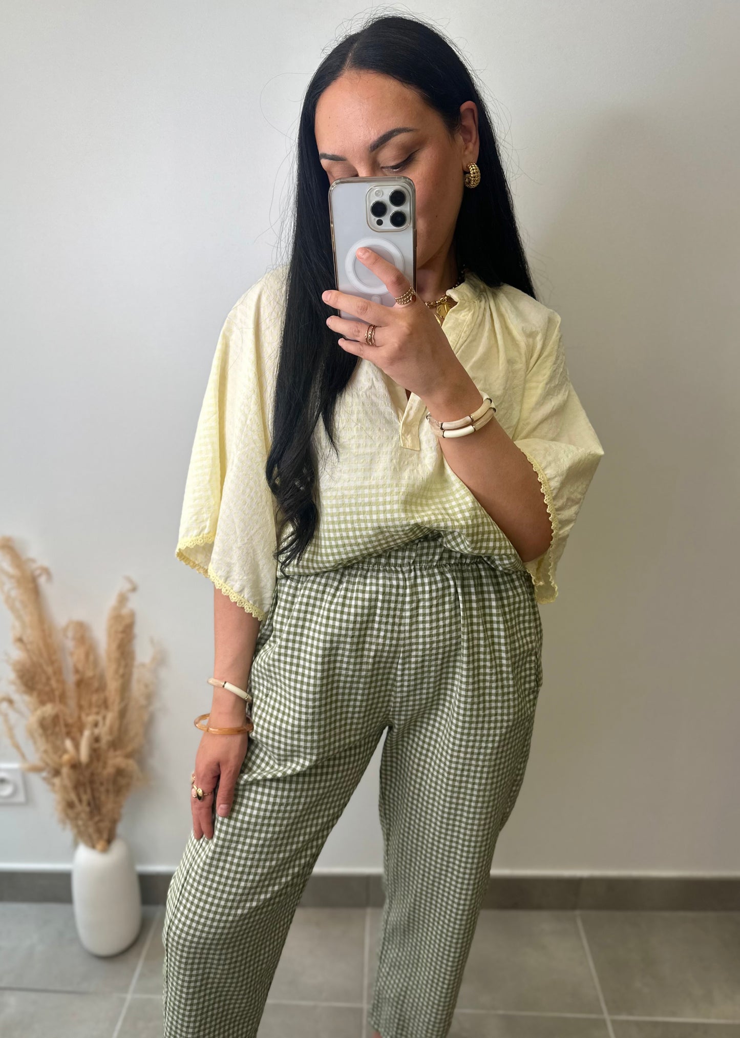 Chemise imprimé vichy jaune et kaki