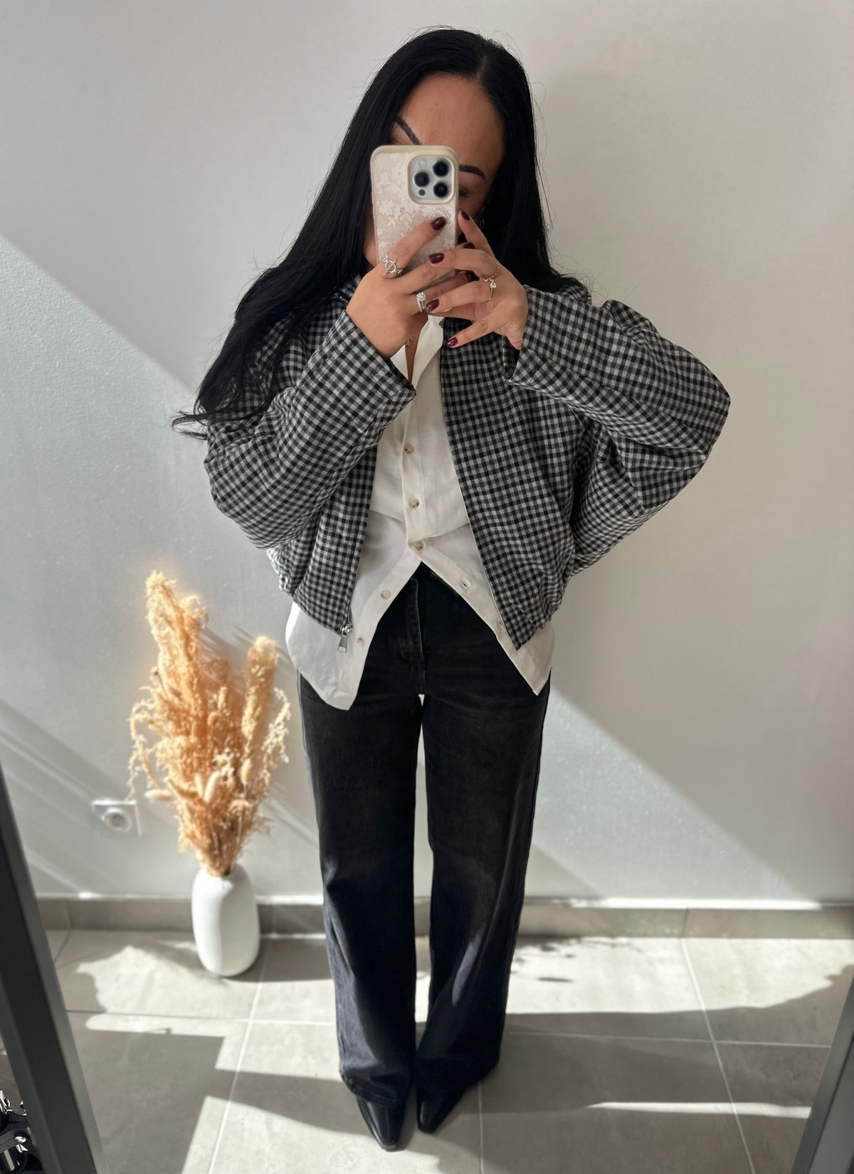 Veste à carreaux grise et noire chaude manches chauve-souris style bomber