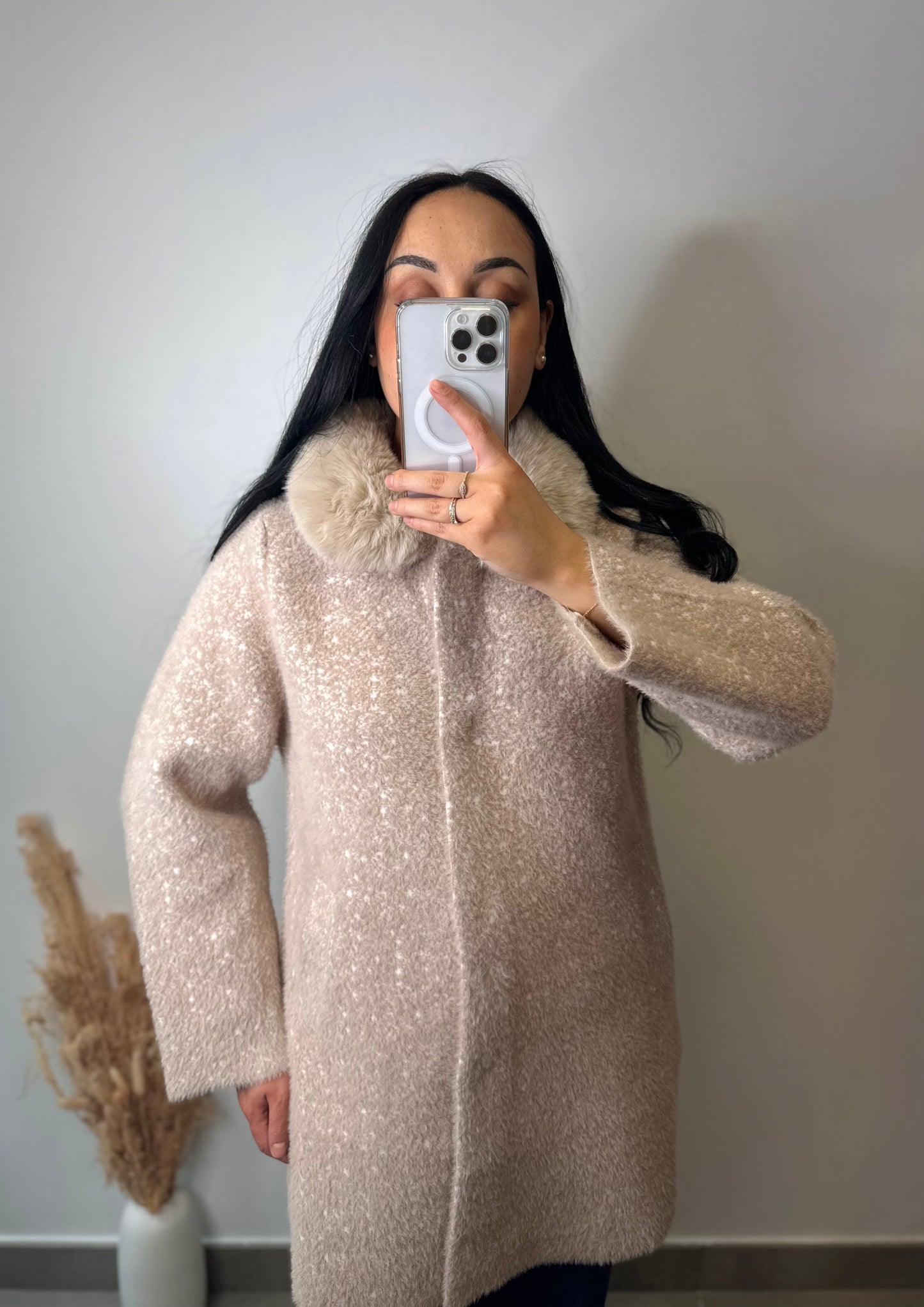 Manteau chiné col fourrure - COLINE