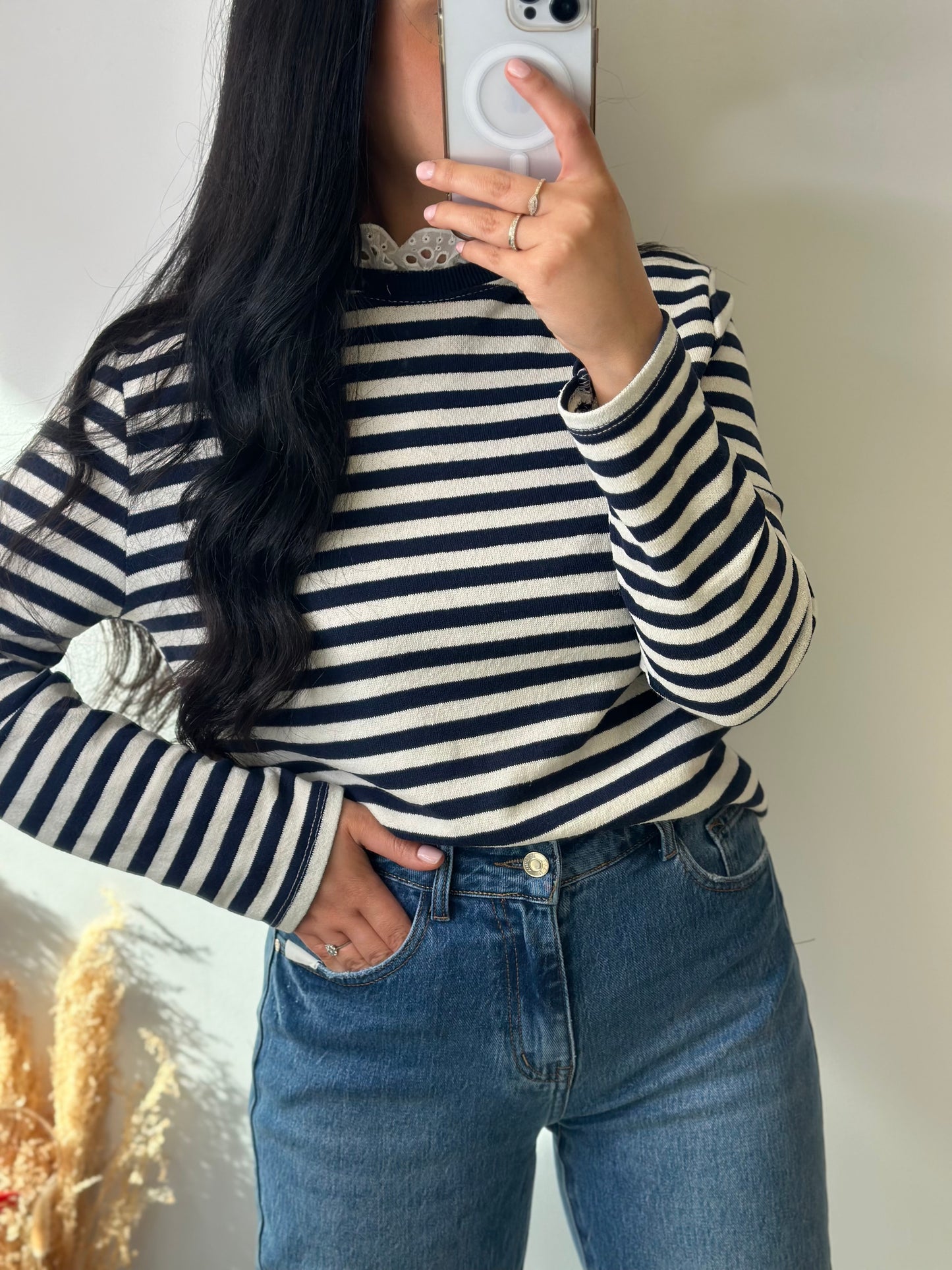 Pull fin marinière brodée au cou - MARINE