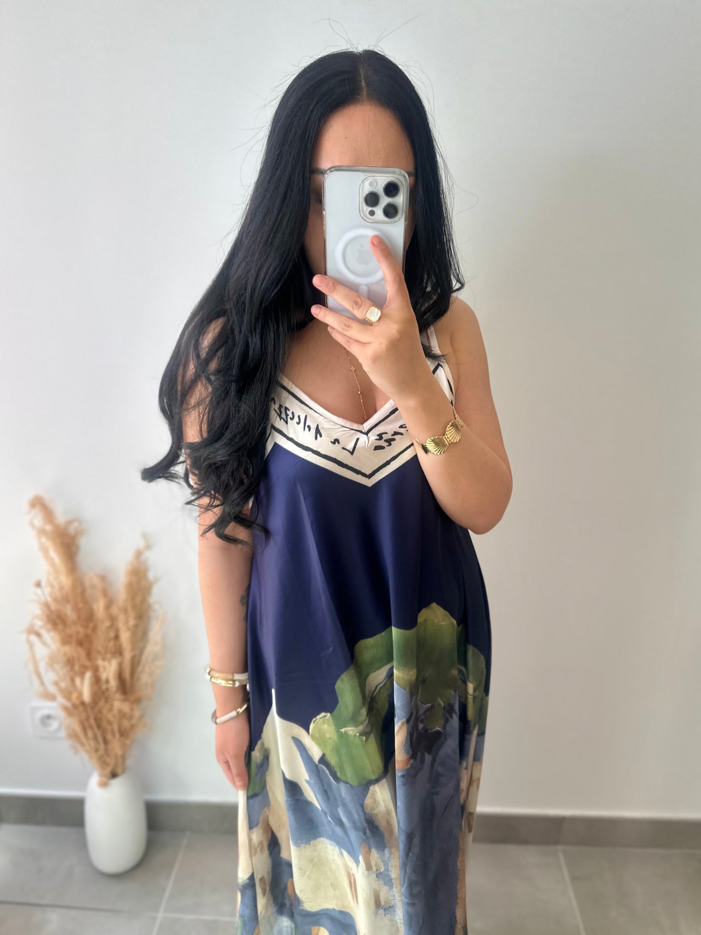 Robe bretelles en viscose motifs aquarelle marine