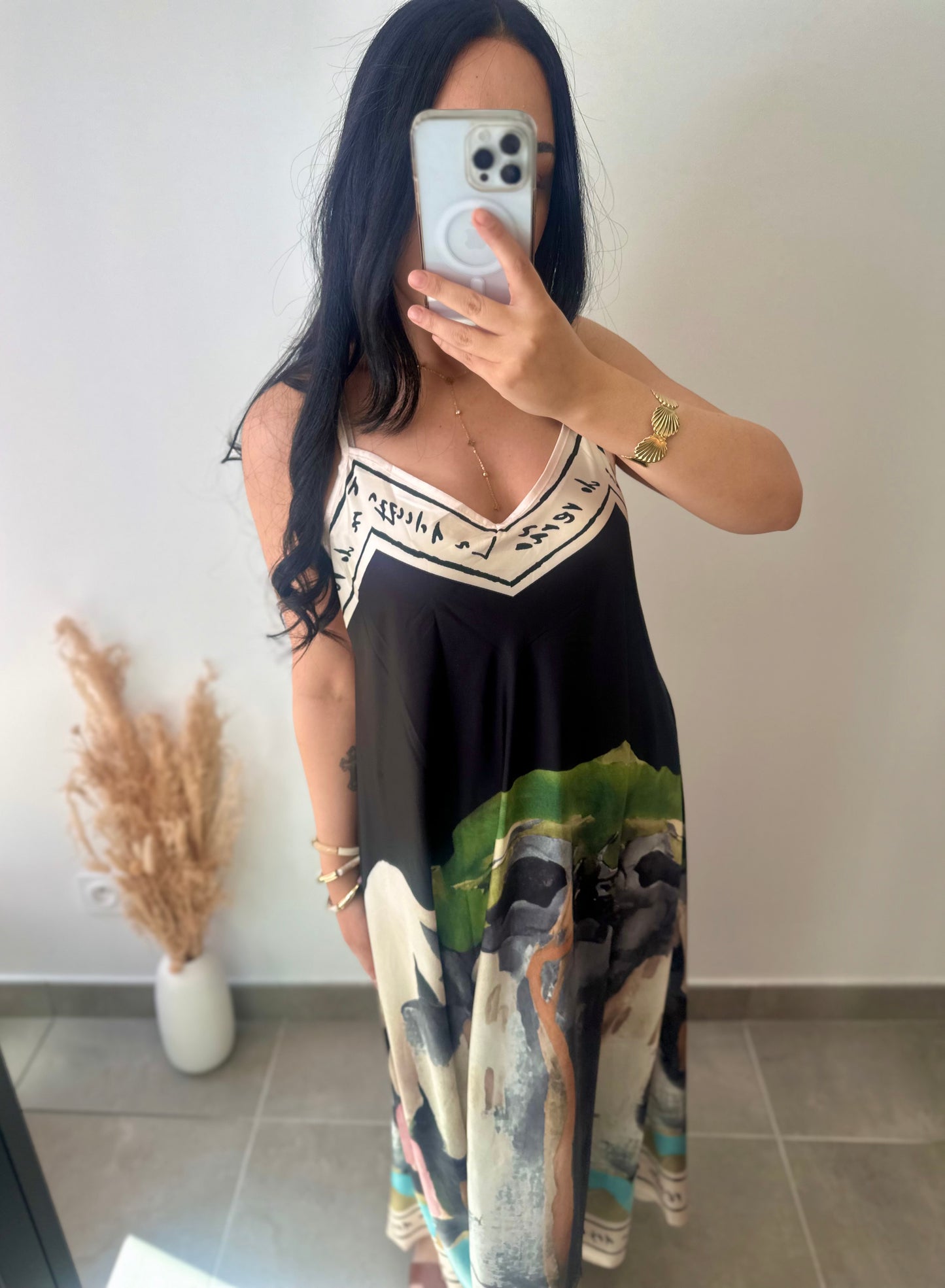 Robe bretelles en viscose motifs aquarelle noire