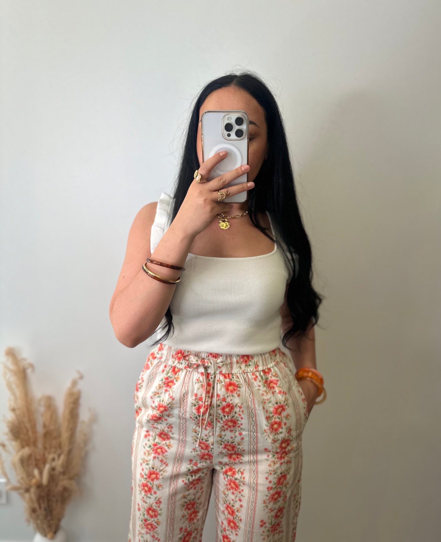 Pantalon en coton à motifs fleuries orange