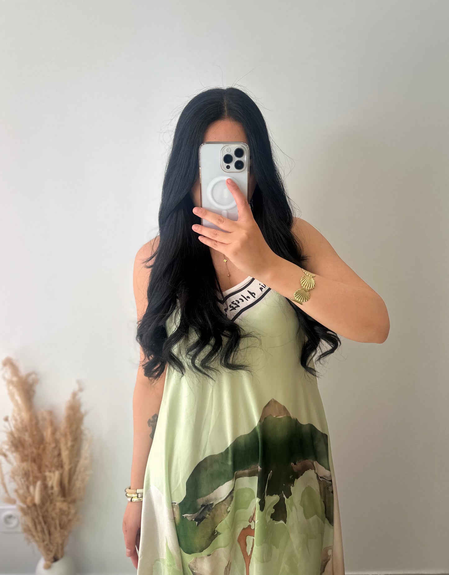 Robe bretelles en viscose motifs aquarelle verte