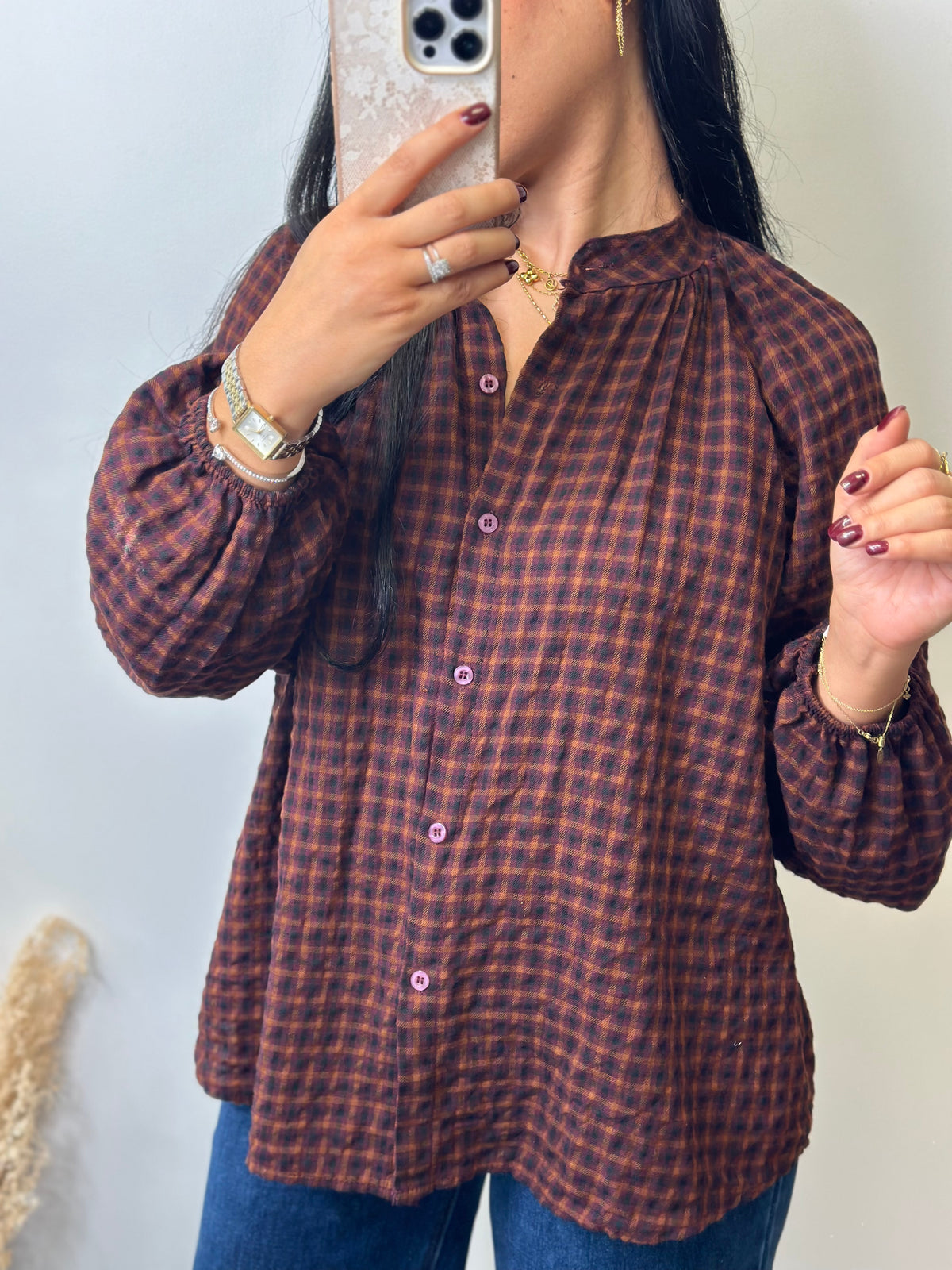 Chemise à carreaux bordeaux et chocolat col Mao