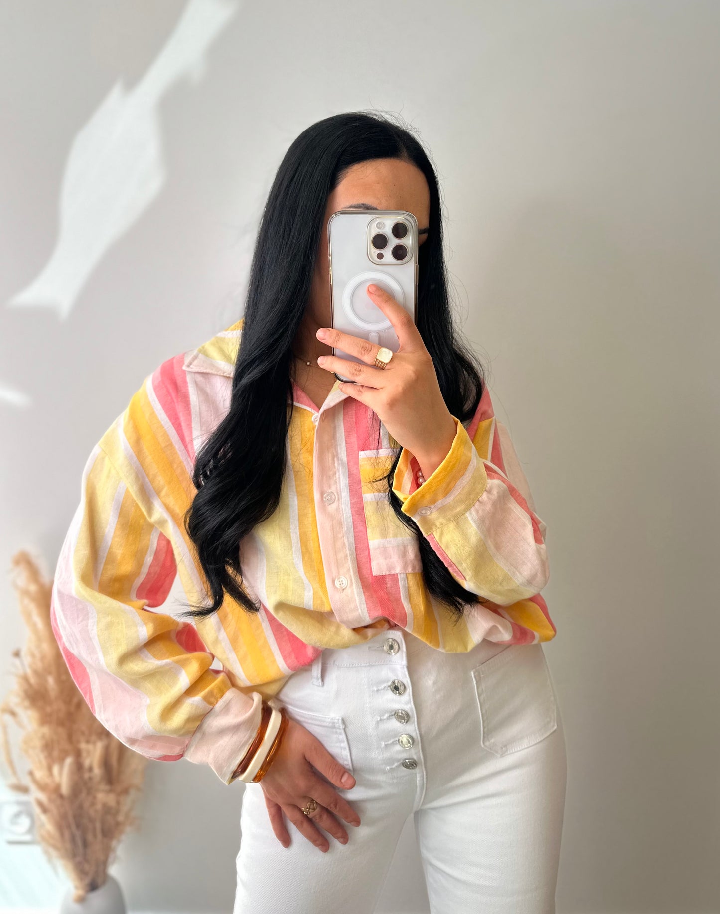 Chemise en coton à rayures colorés orange blanche et rose