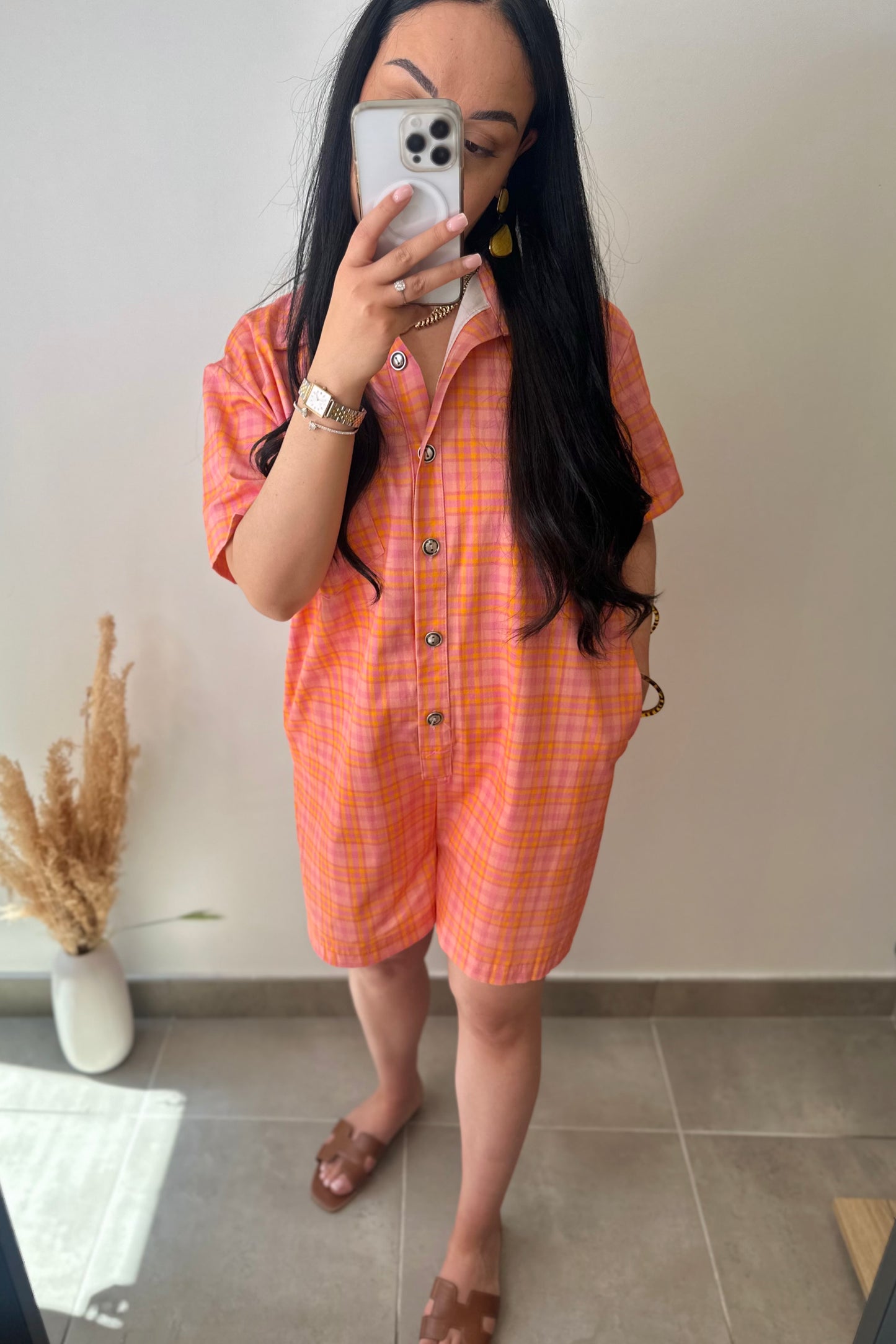 Combi-short à carreaux orange et rose