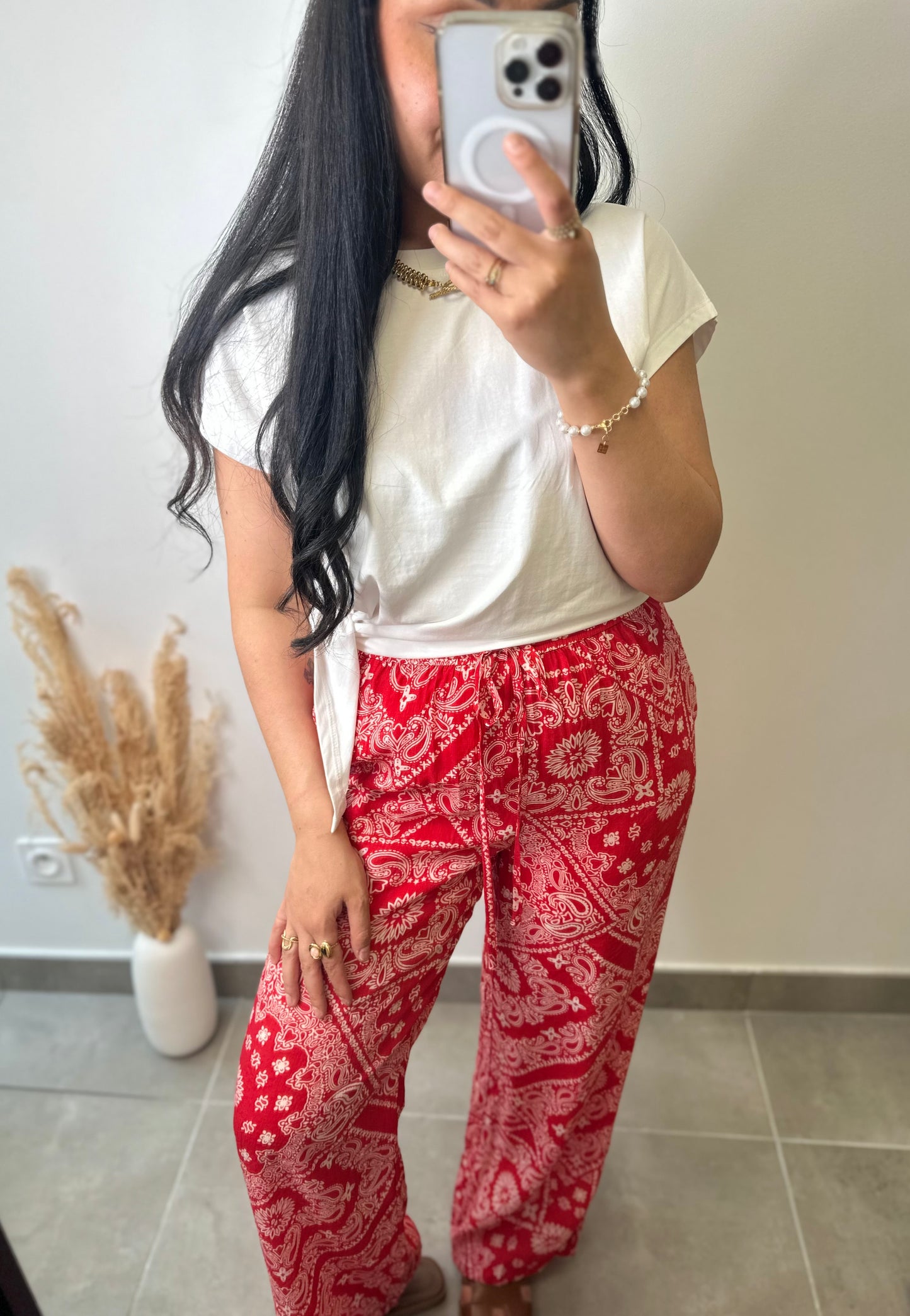 Pantalon en viscose rouge imprimé bandana