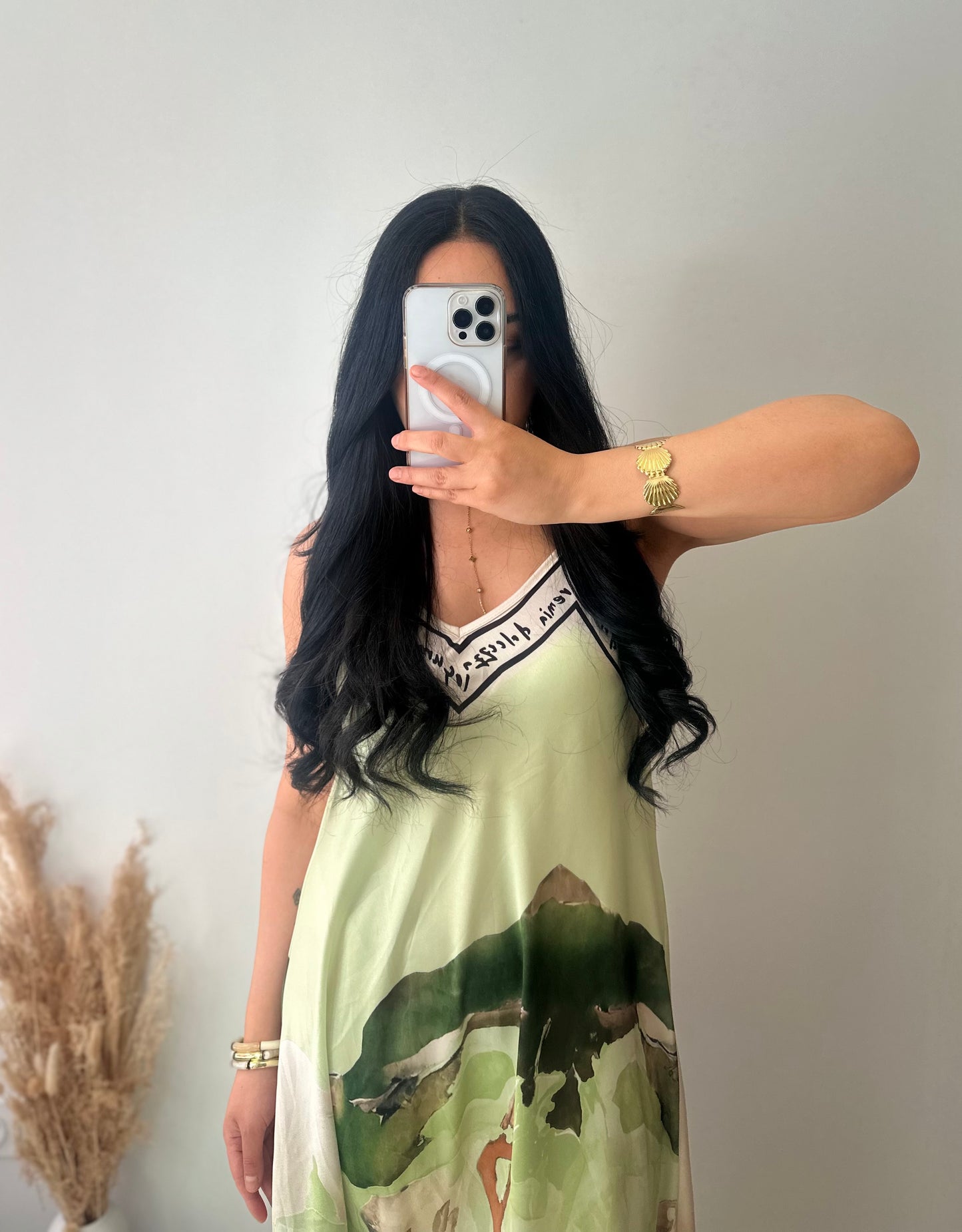 Robe bretelles en viscose motifs aquarelle verte