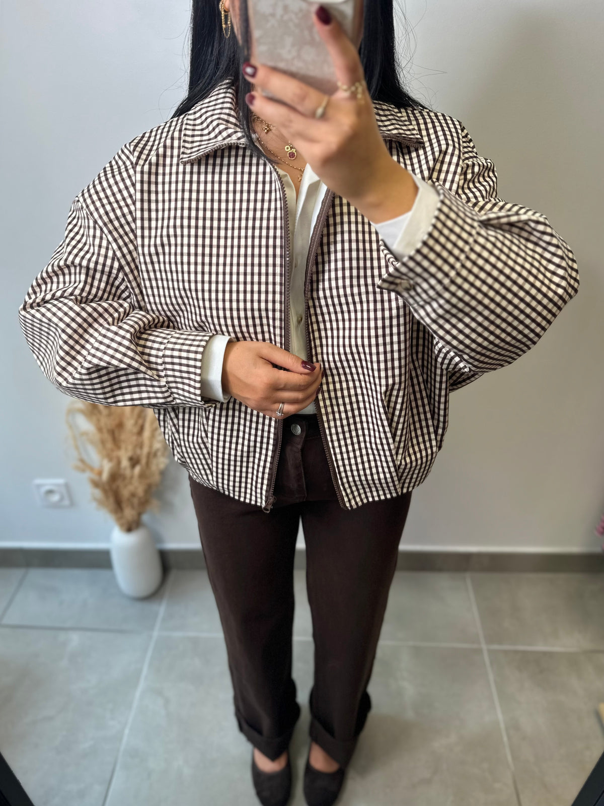 Veste à carreaux beige et marron oversize