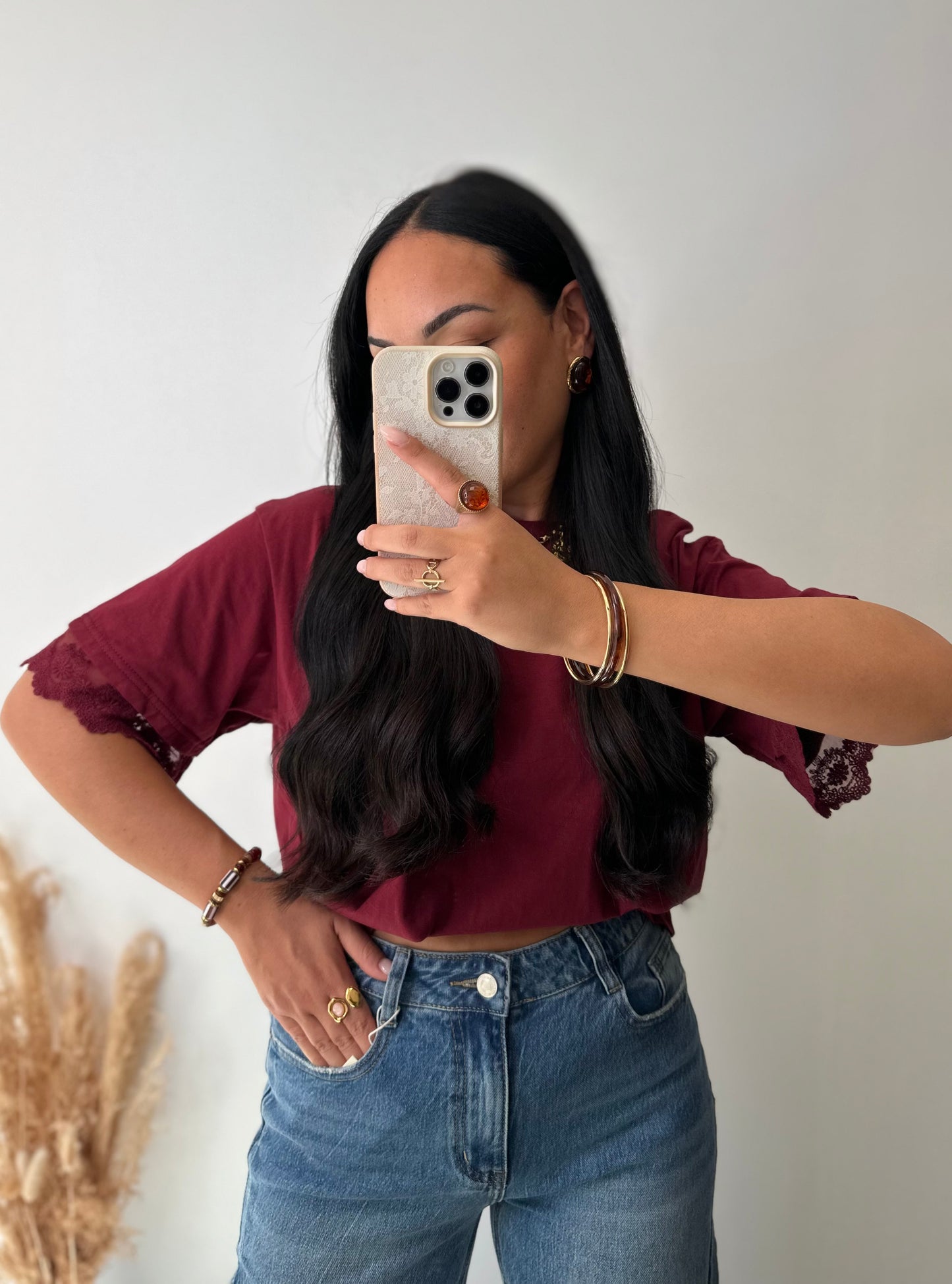 T-shirt prune à dentelle