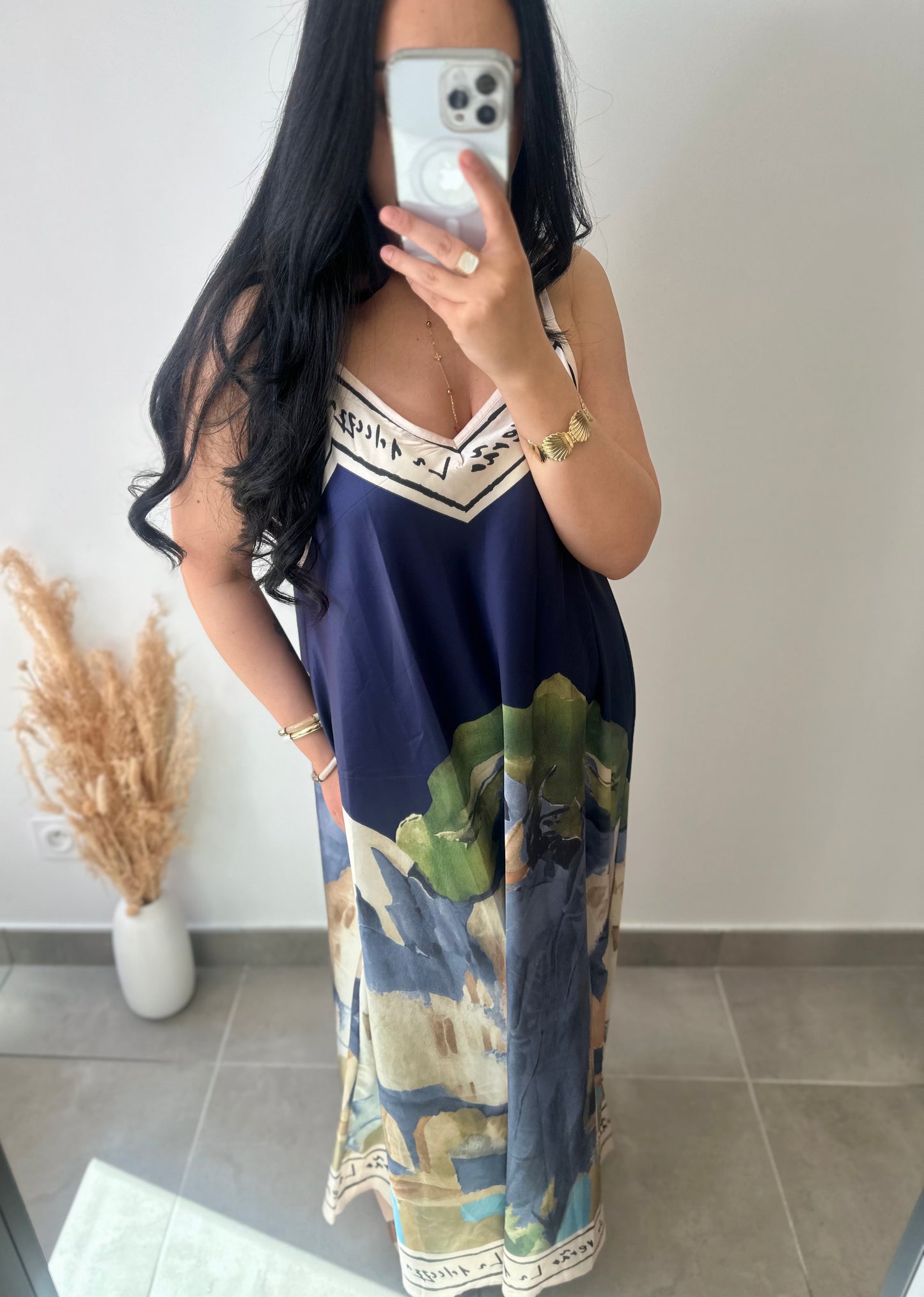 Robe bretelles en viscose motifs aquarelle marine