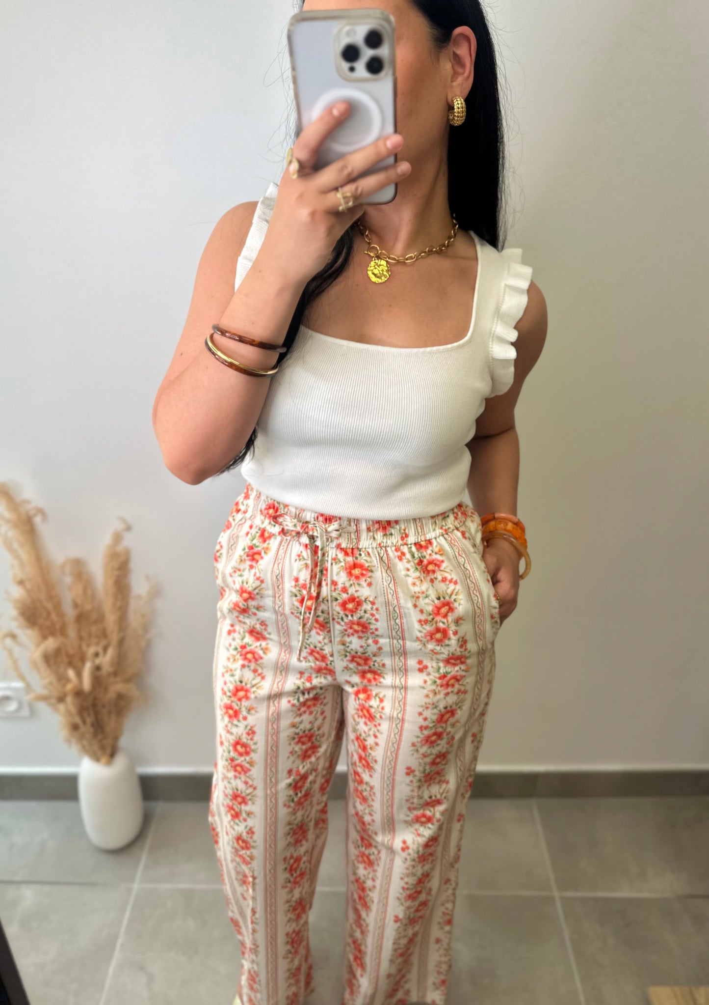 Pantalon en coton à motifs fleuries orange