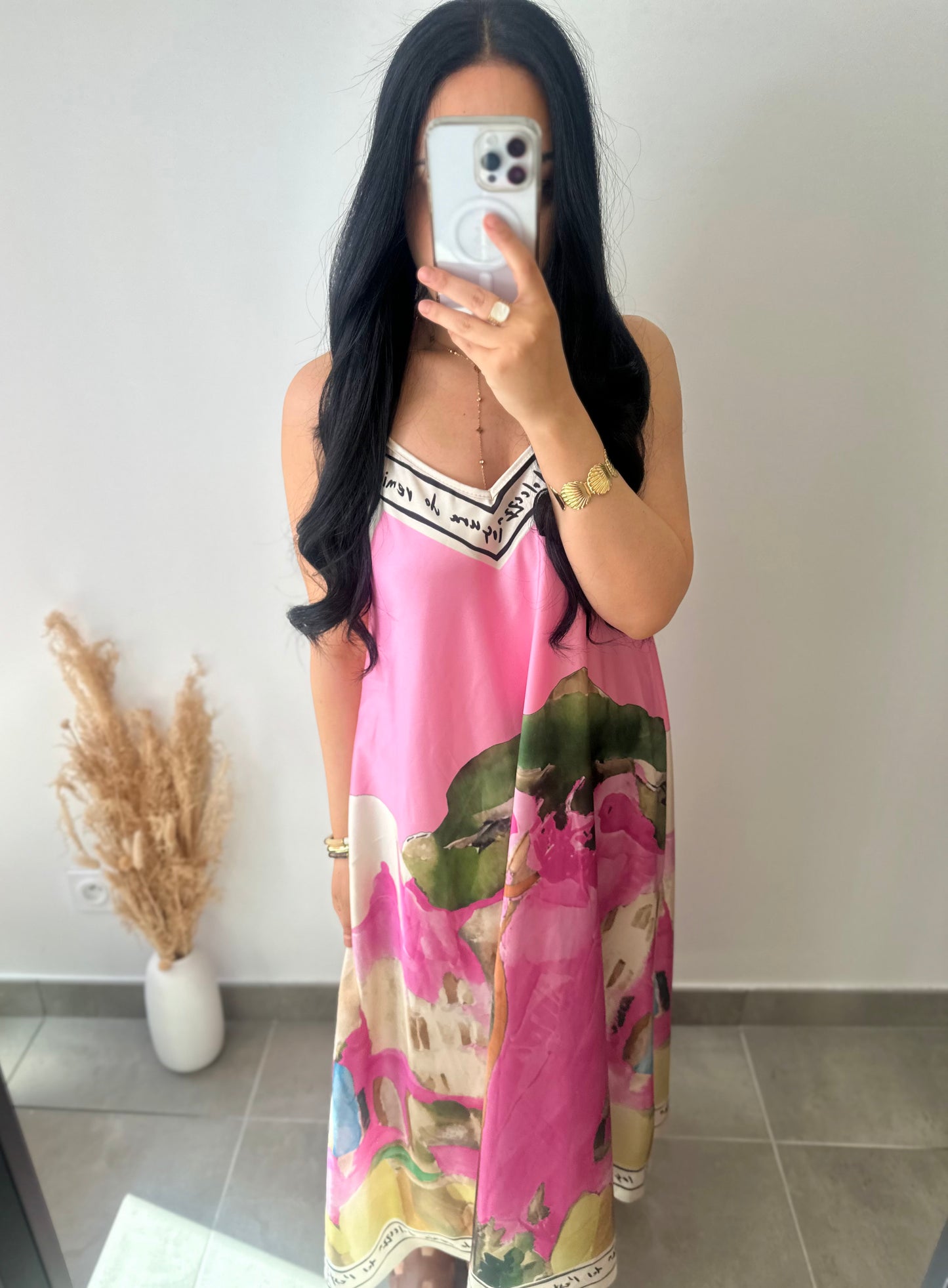 Robe bretelles en viscose motifs aquarelle rose