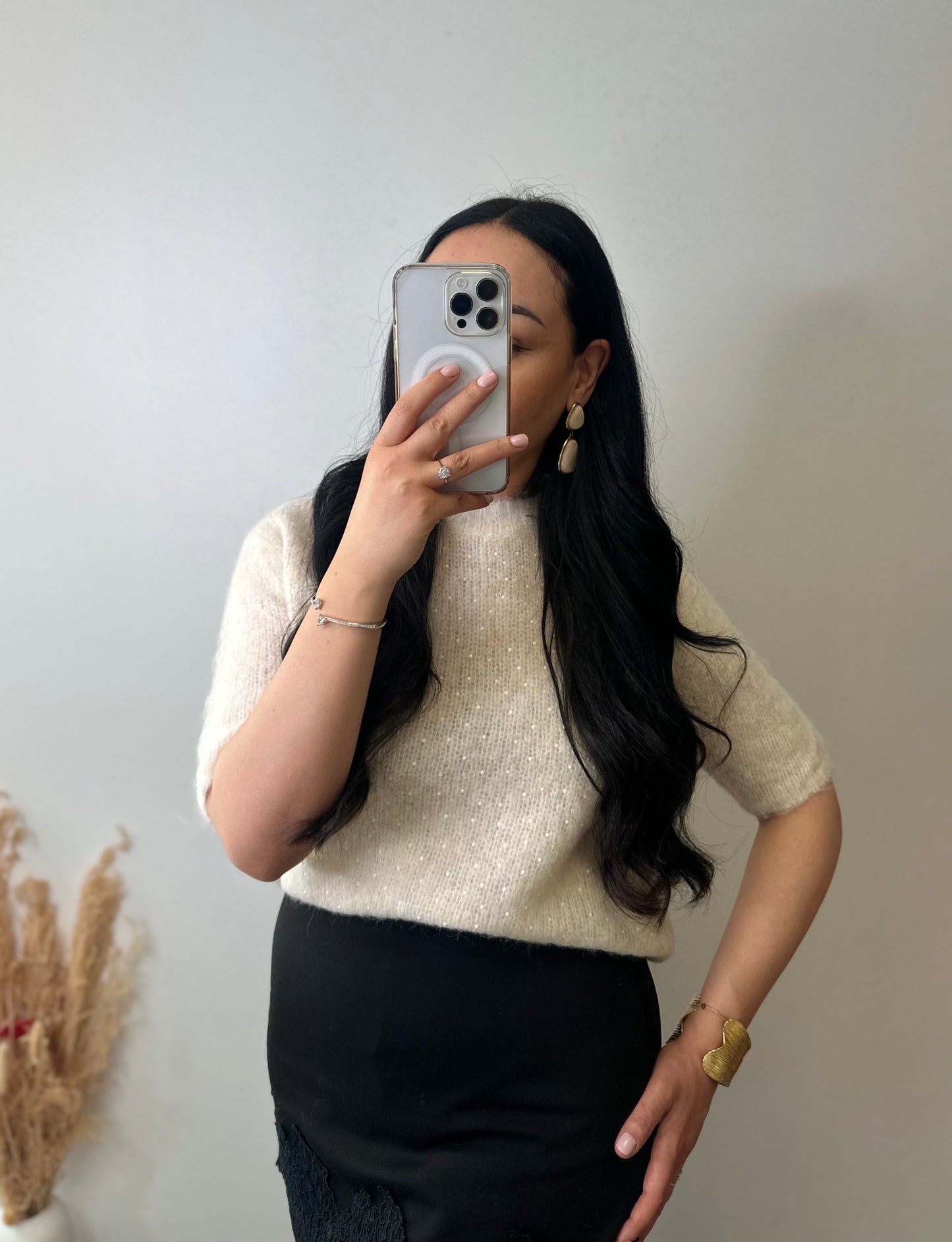 Pull manches courtes beige à perles - ROMANE