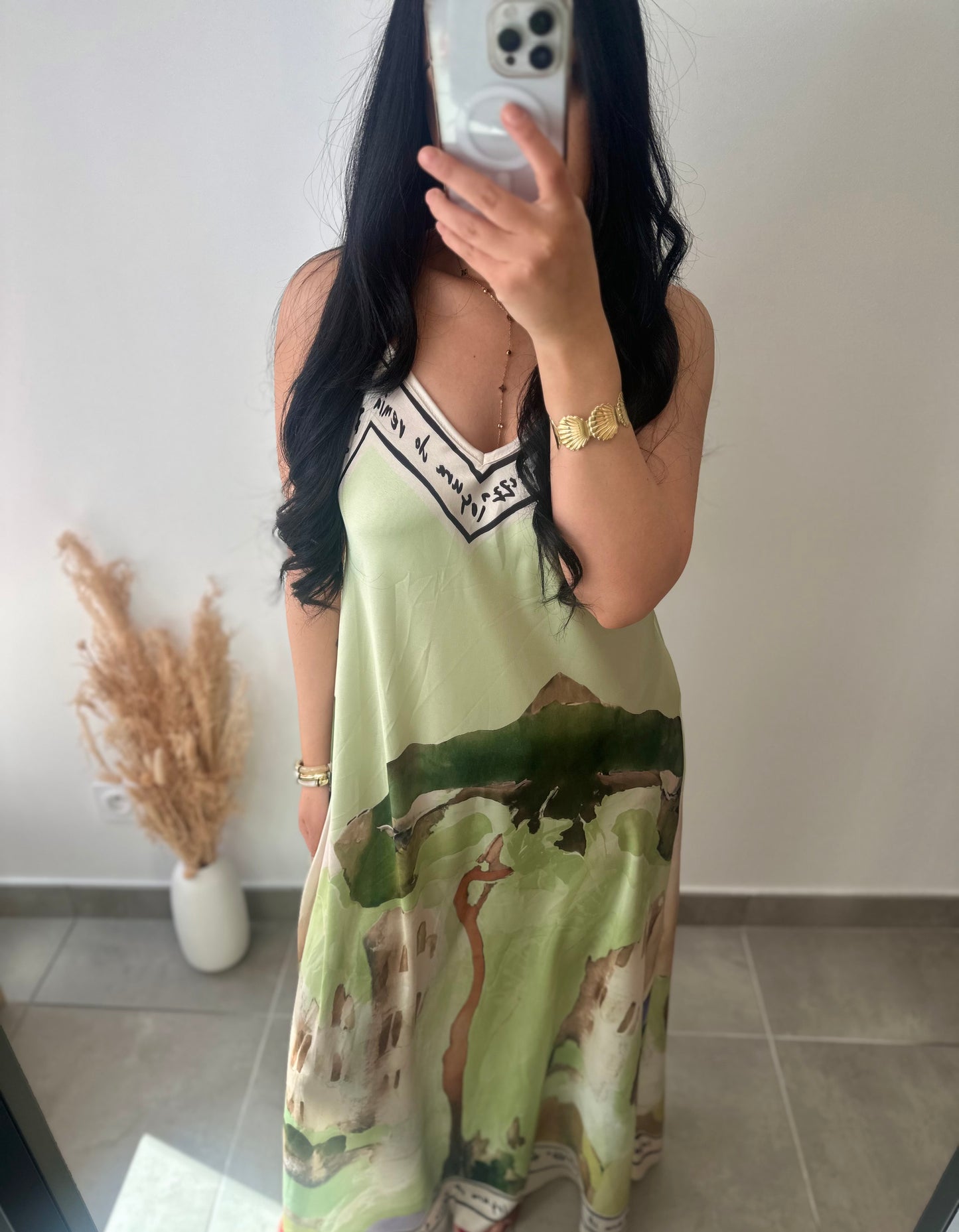 Robe bretelles en viscose motifs aquarelle verte