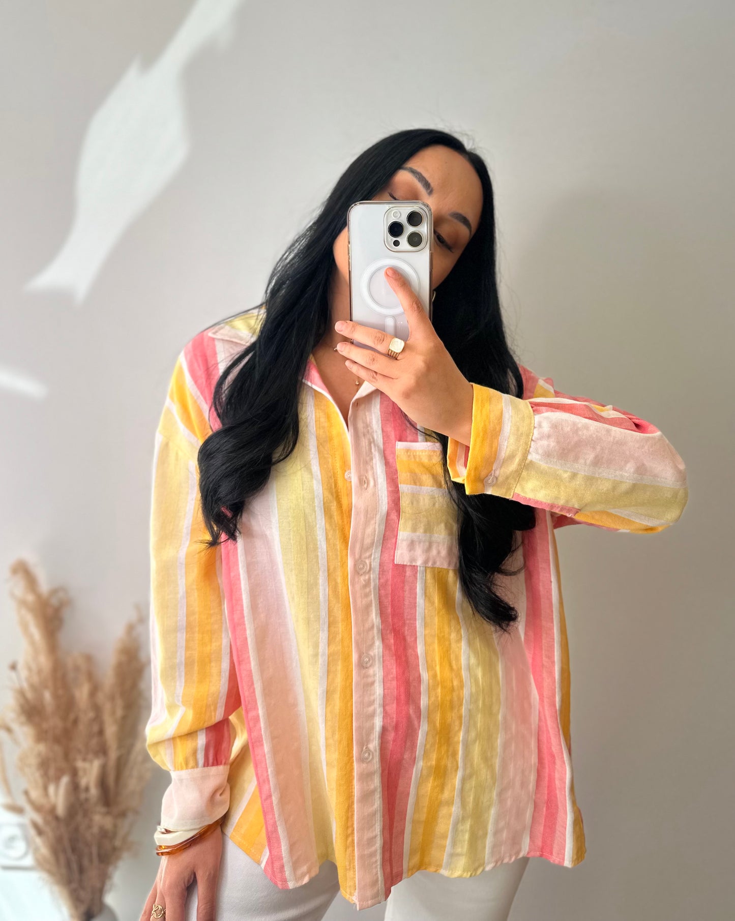 Chemise en coton à rayures colorés orange blanche et rose