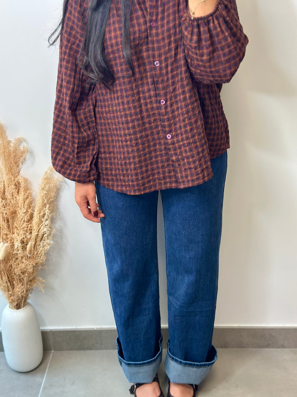 Chemise à carreaux bordeaux et chocolat col Mao