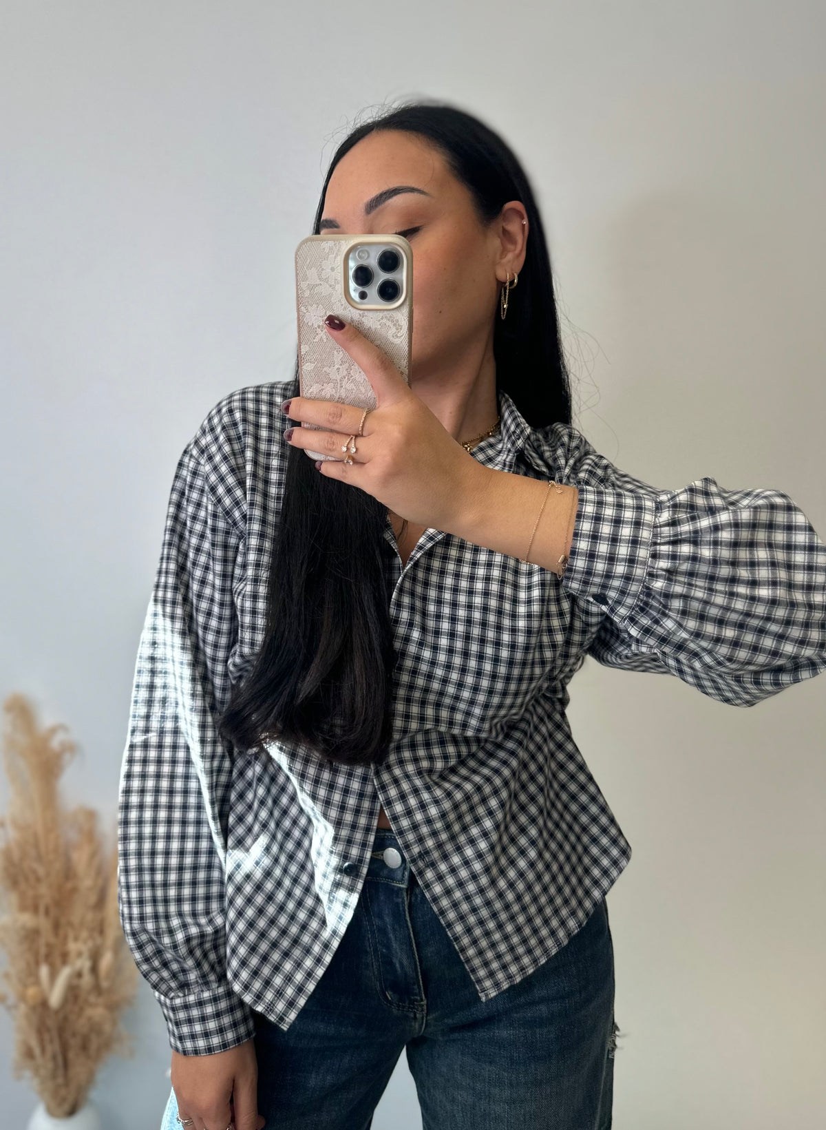 Chemise à carreaux bleu marine oversize avec cœur à l’arrière