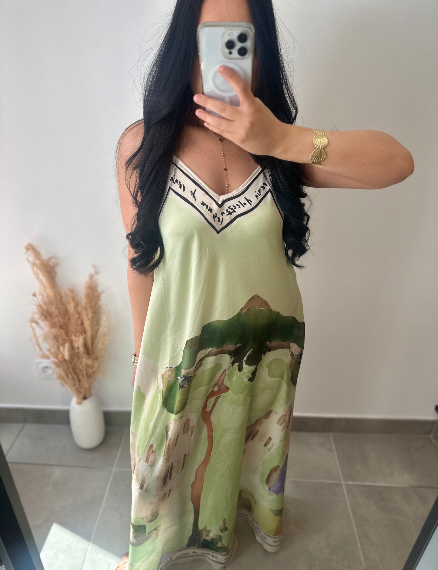 Robe bretelles en viscose motifs aquarelle verte