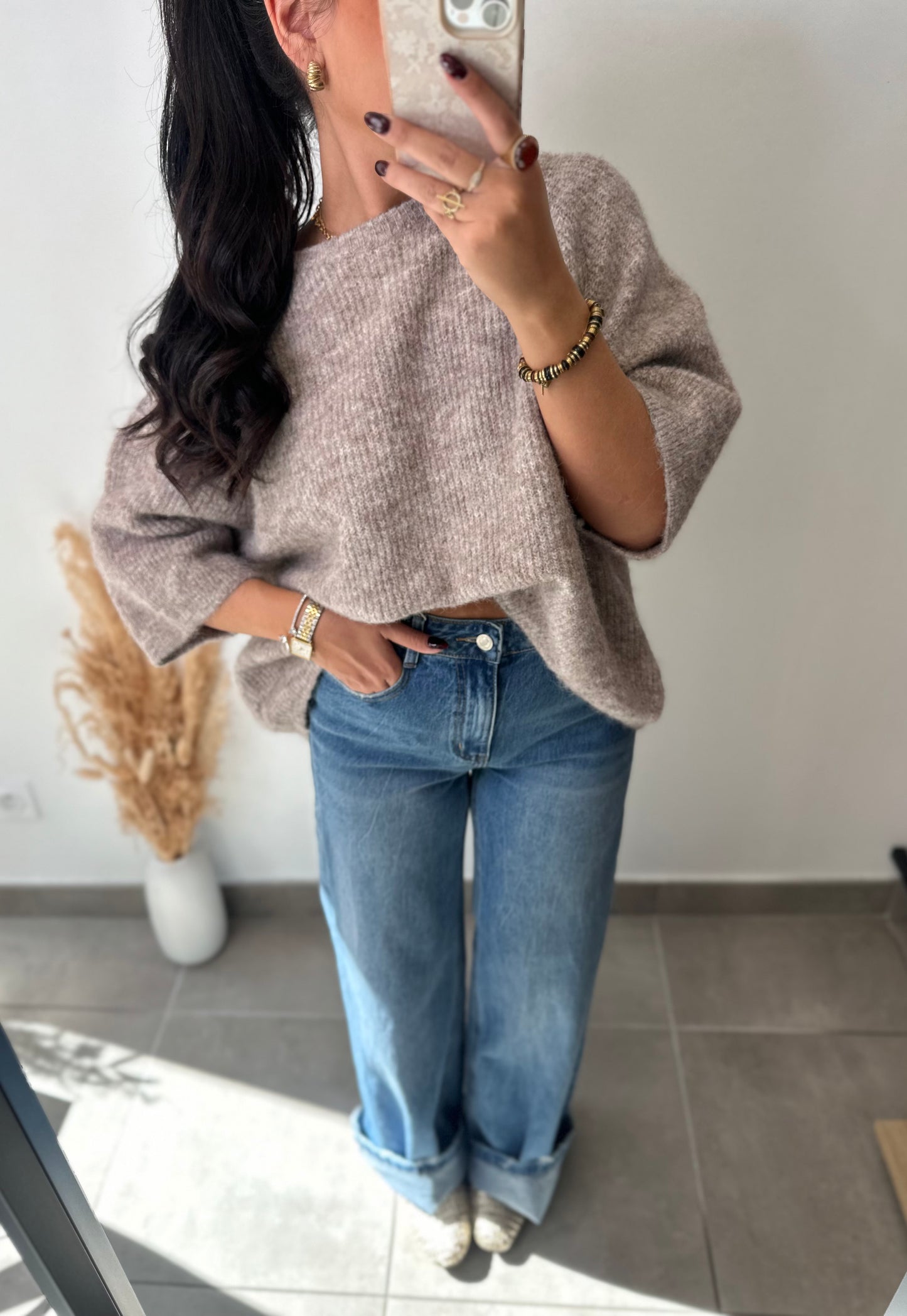 Pull taupe oversize en laine manches 3/4