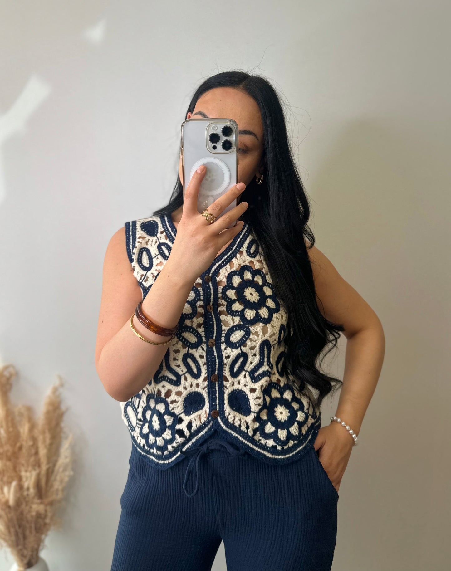 Top à crochets en coton bleu marine