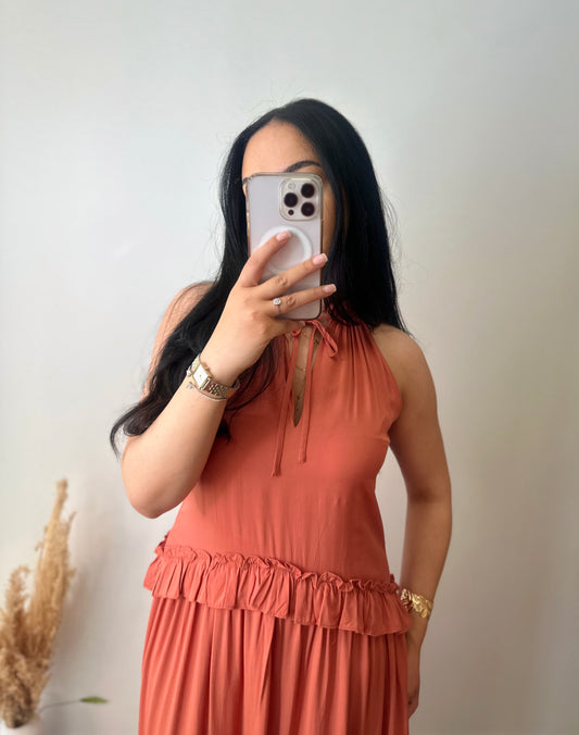 Robe longue à volants terracotta