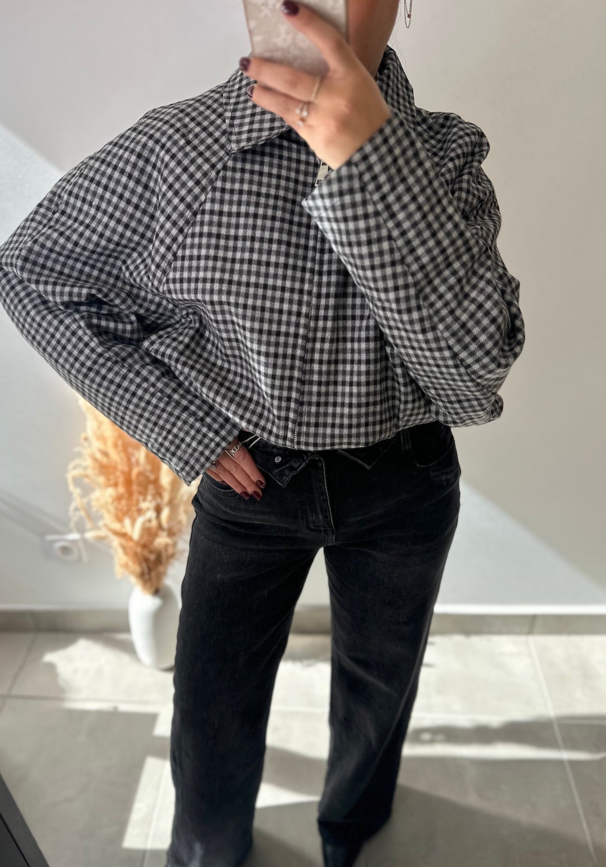 Veste à carreaux grise et noire chaude manches chauve-souris style bomber