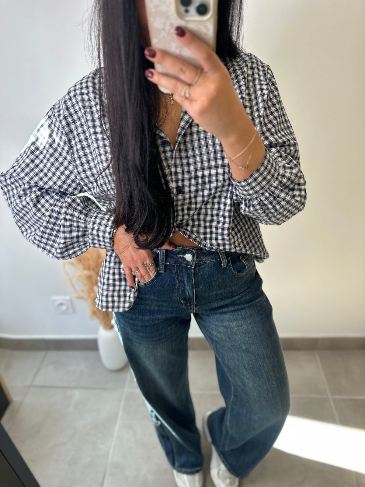 Chemise à carreaux bleu marine oversize avec cœur à l’arrière