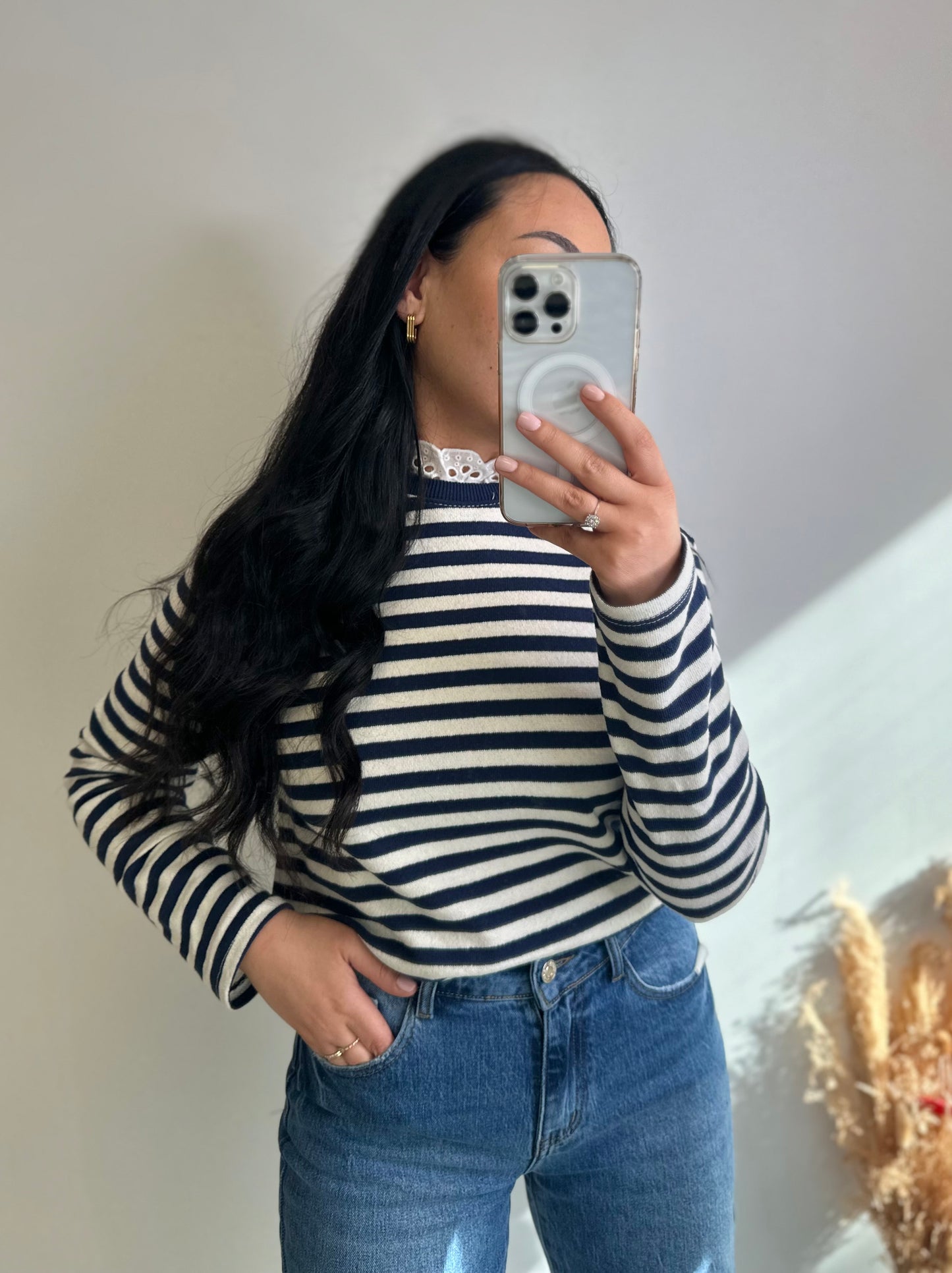 Pull fin marinière brodée au cou - MARINE