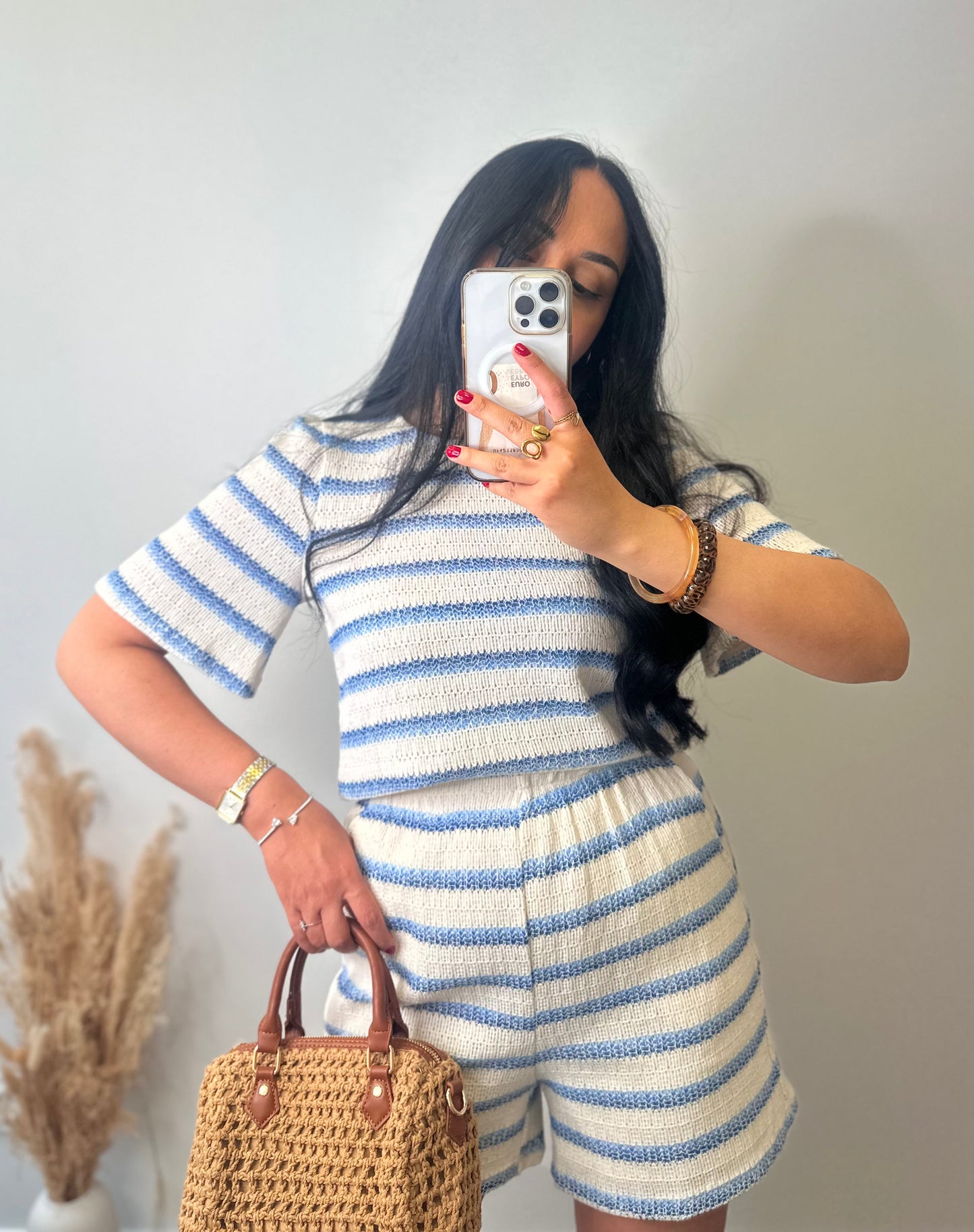 Top en maille à rayures bleu et beige