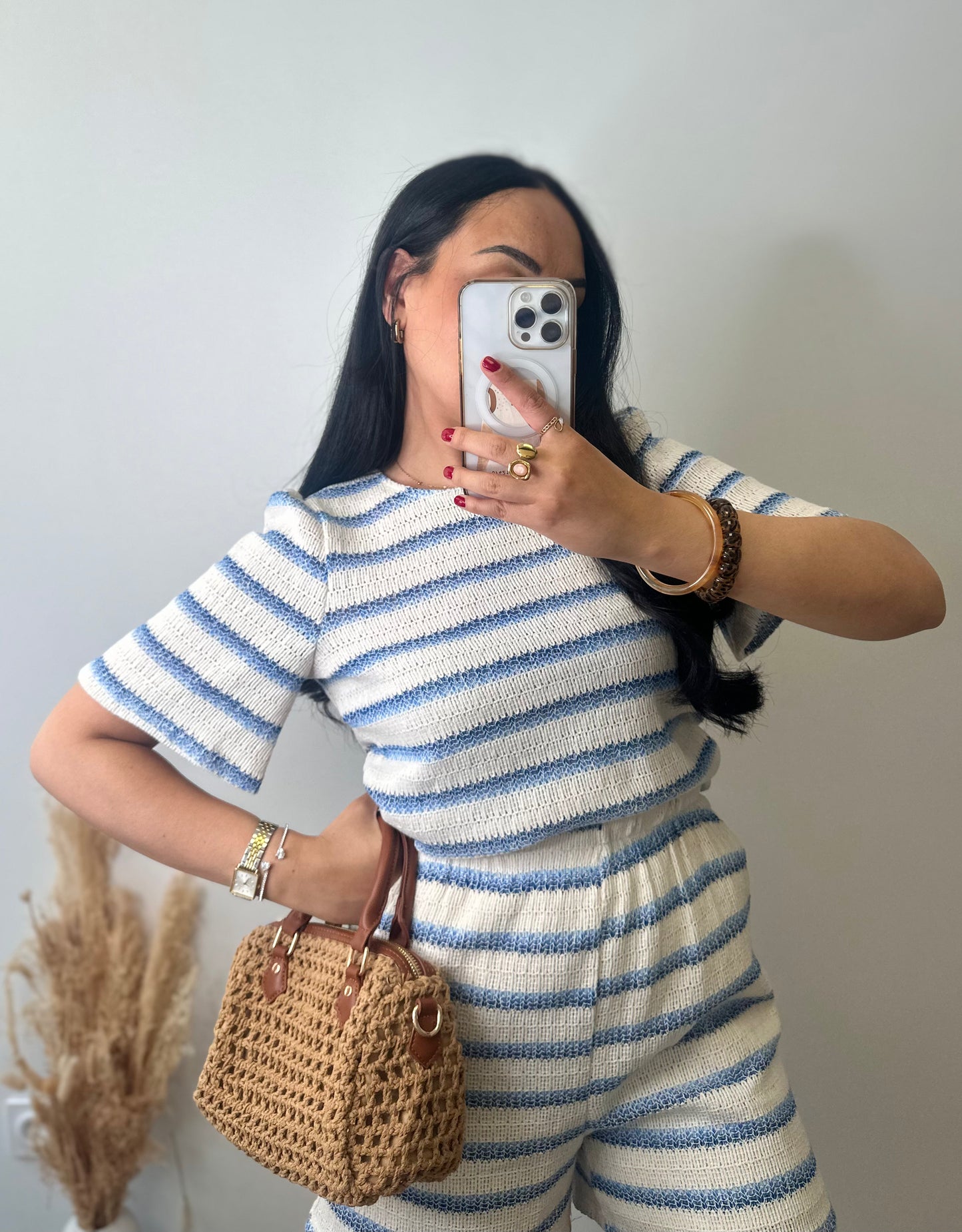 Top en maille à rayures bleu et beige