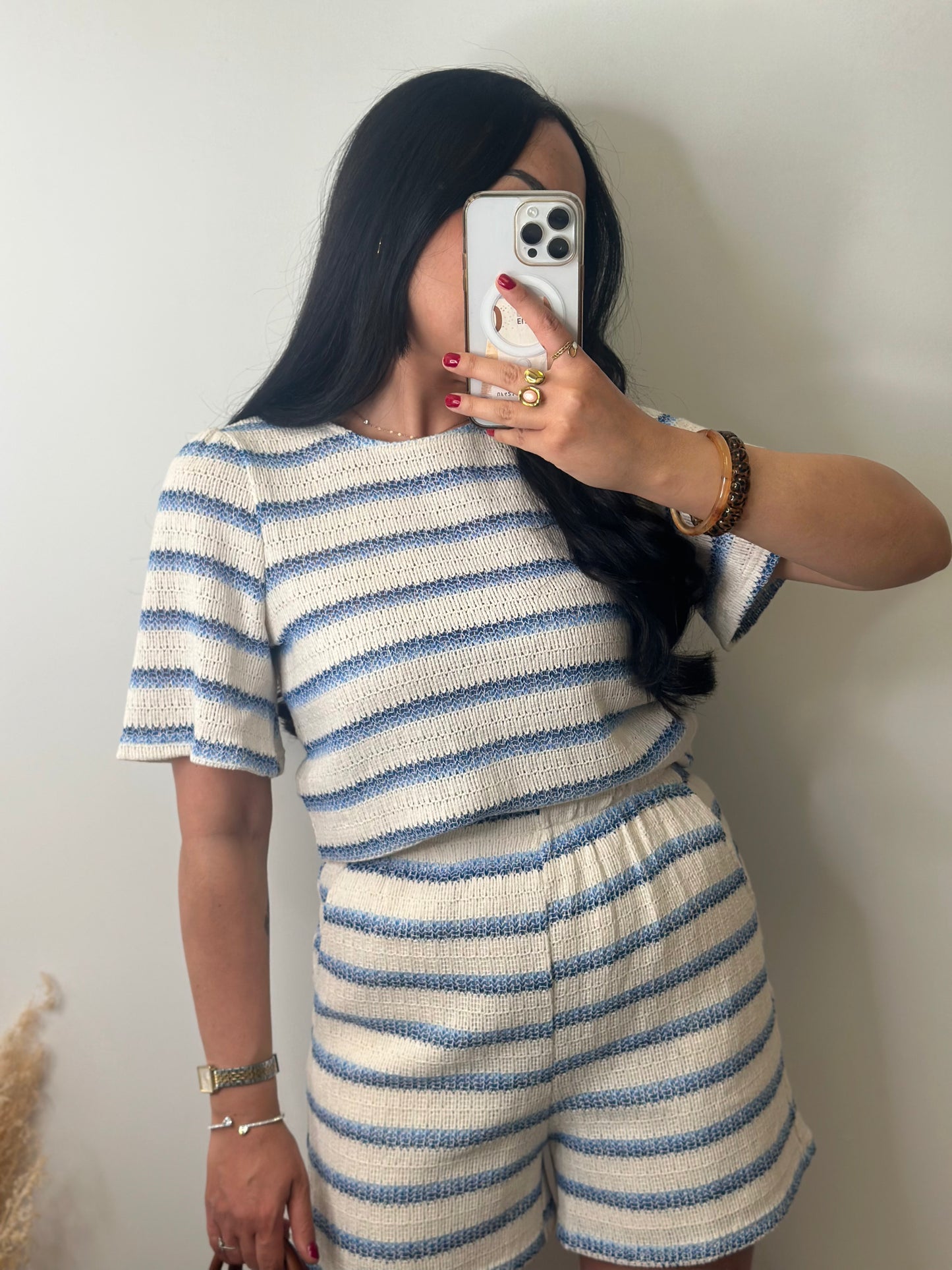 Top en maille à rayures bleu et beige