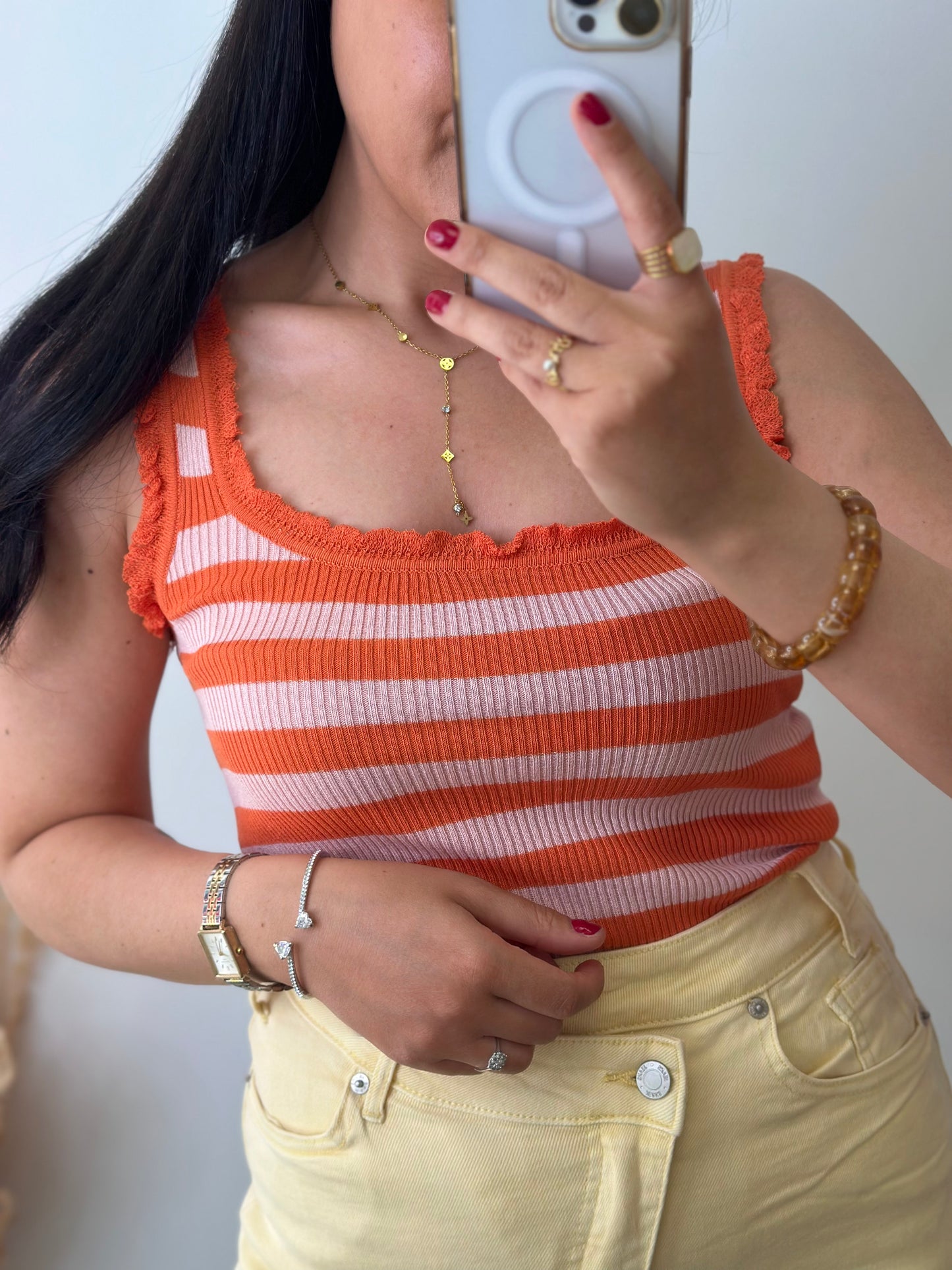 Top en viscose orange et rose clair